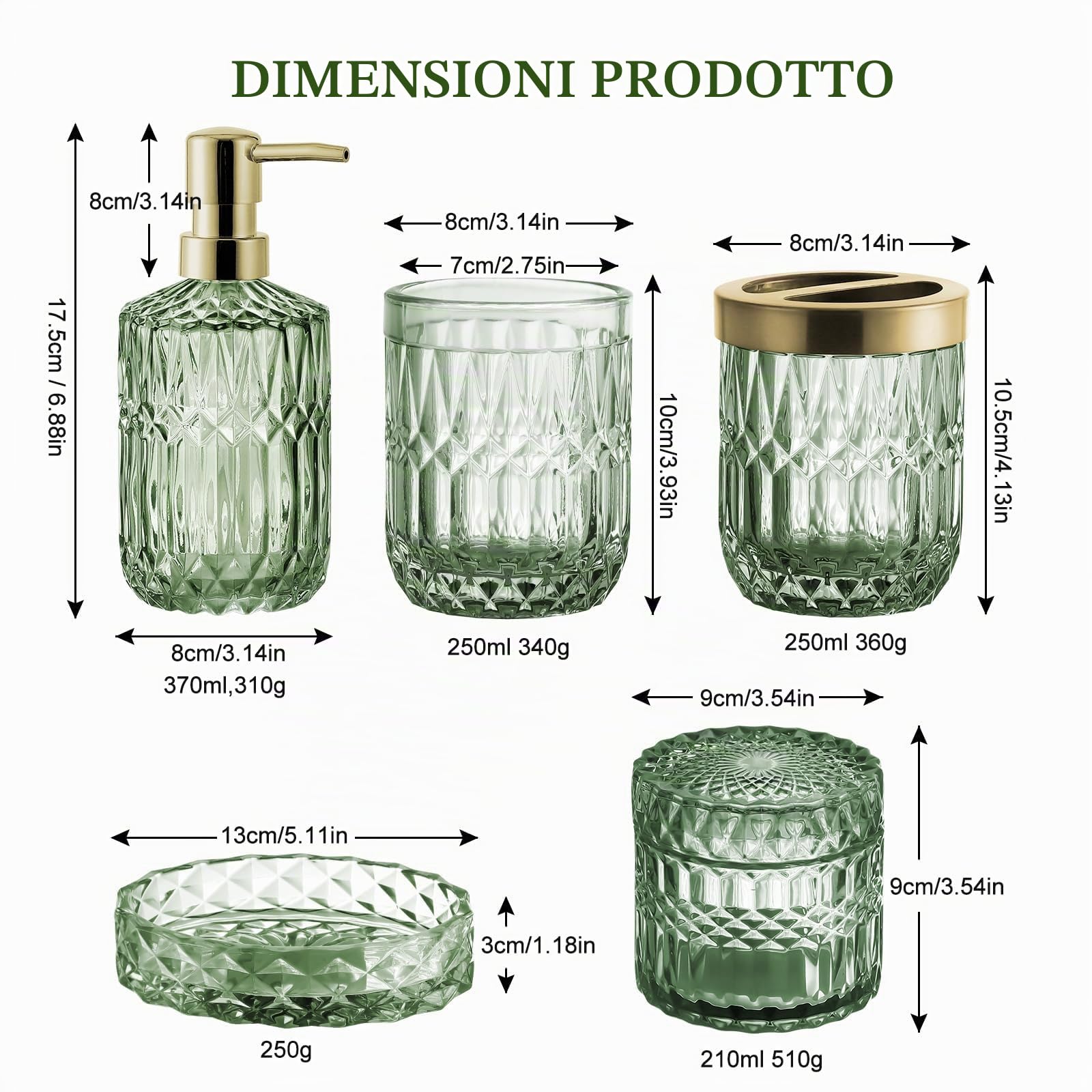 RUNQIN Set di 5 Accessori da Bagno in Vetro Trasparente (Dispenser di Sapone, Portasapone, Portaspazzolino, Bicchiere, Vasetto per Cotton Fioc), Decorazione Moderna e Contemporanea in Cristallo