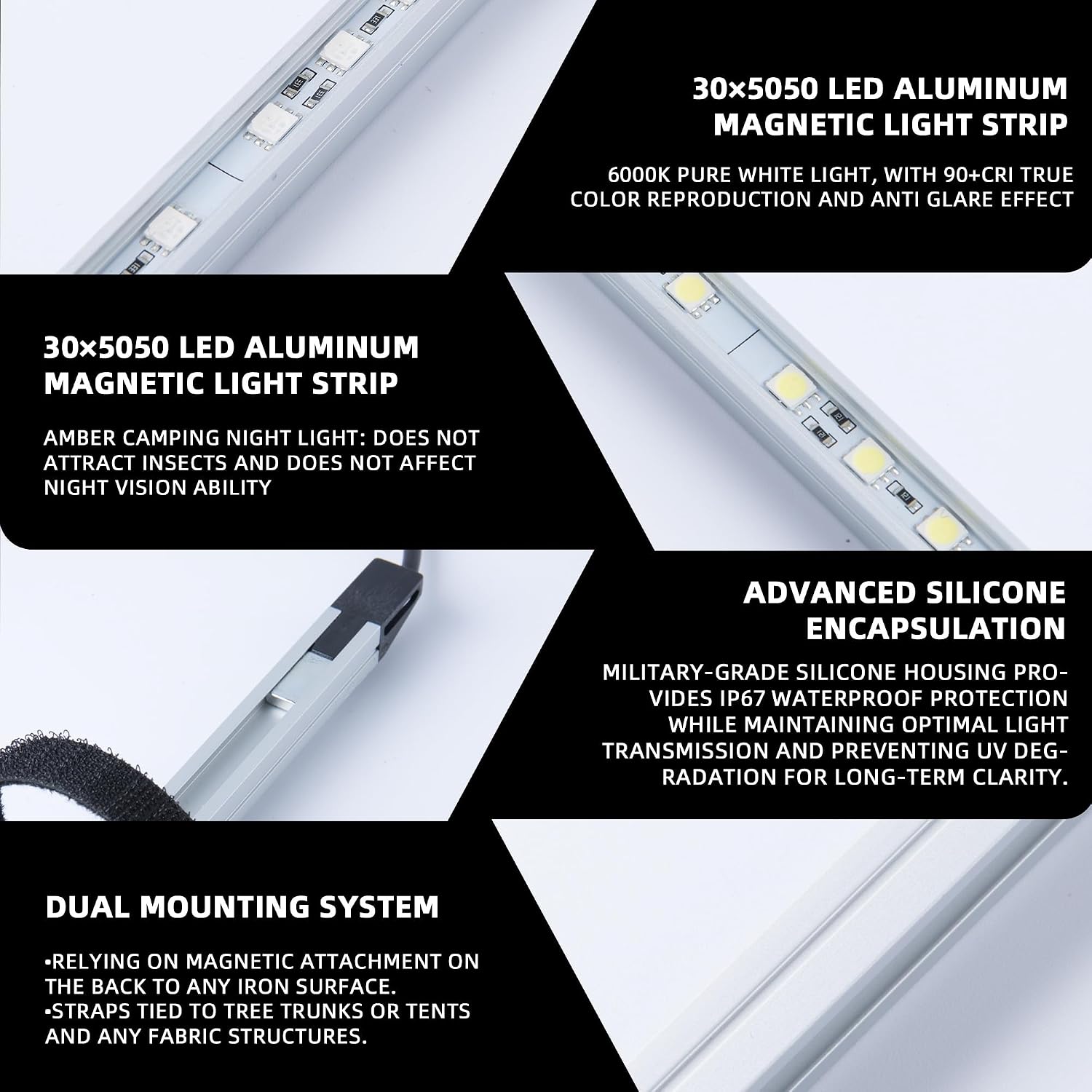 12V LED Light Bar Kit, 2 Bars White & 2 Bars Amber Adjustable Brightness RV Camping Lights - Waterproof IP67, Magnetic & Strap Mount, Portable Lighting for Tent, Car, Trailer, Boat, Truck, Off-Road image 4