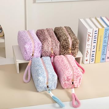 Leopard Print Plush Pencil Case with Wrist Strap Large Capacity Fluffy Pen Pouch for Students Cute Stationery Organizer Bag for School Portable Makeup Cosmetic Bag (Pink)