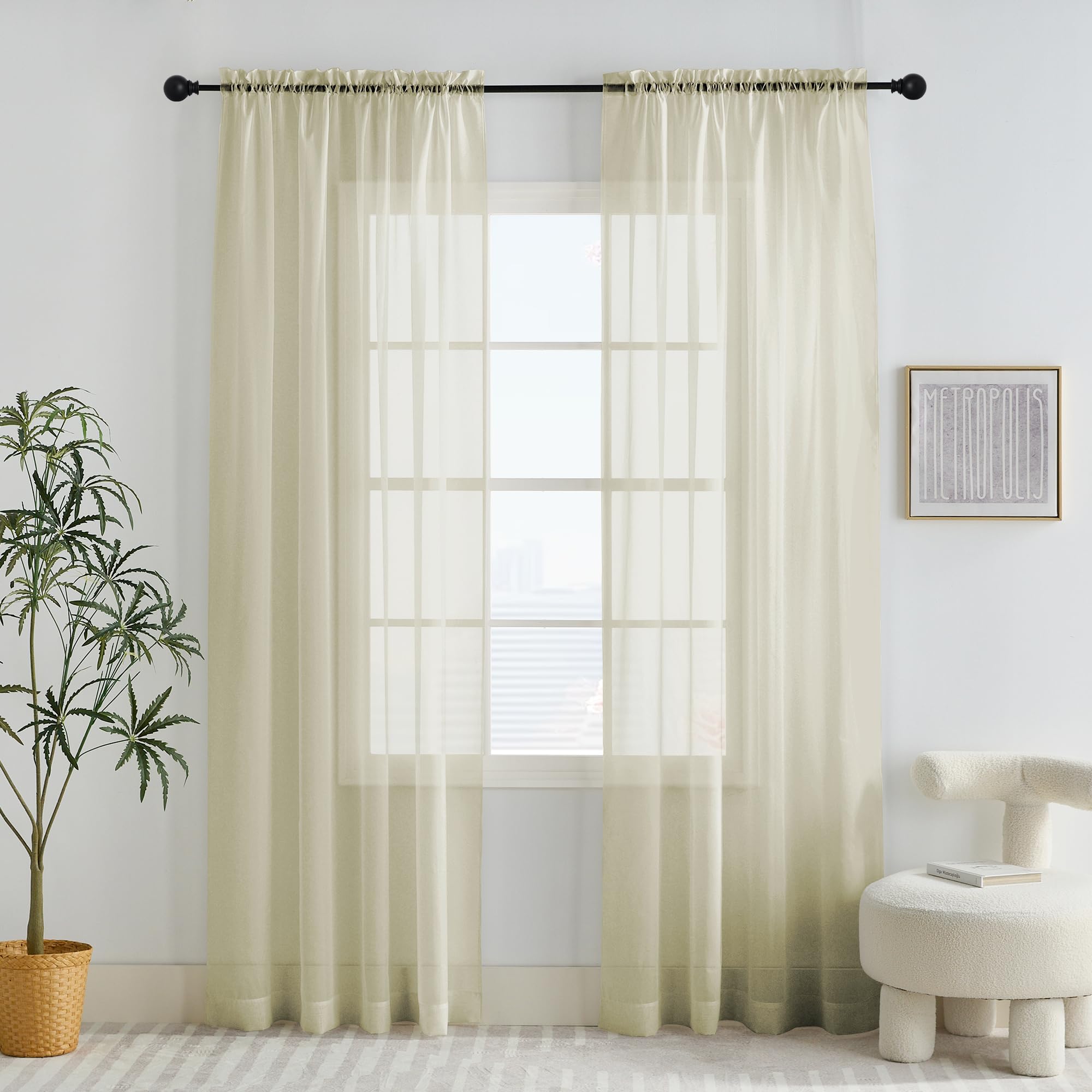 PONY DANCE Beige Net Curtains for Windows 84 Drop - Slot Top Voile Curtains, Light Filtering Sheer Curtains for Bedroom Nursery, 60x84 Inches (152x213cm), 2 Panels โ image 1