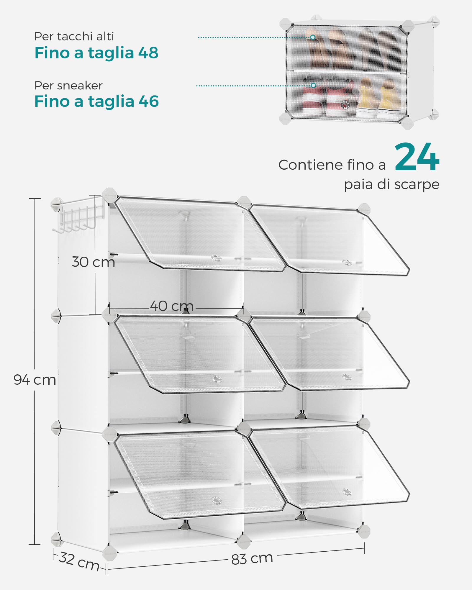 SONGMICS Scarpiera, Scaffale Modulare a 6 Scomparti per 24 Paia di Scarpe da Ingresso, con Sportelli, Telaio in Acciaio e Ripiani in Plastica, Camera da Letto, Bianco e Trasparente LPC033W01