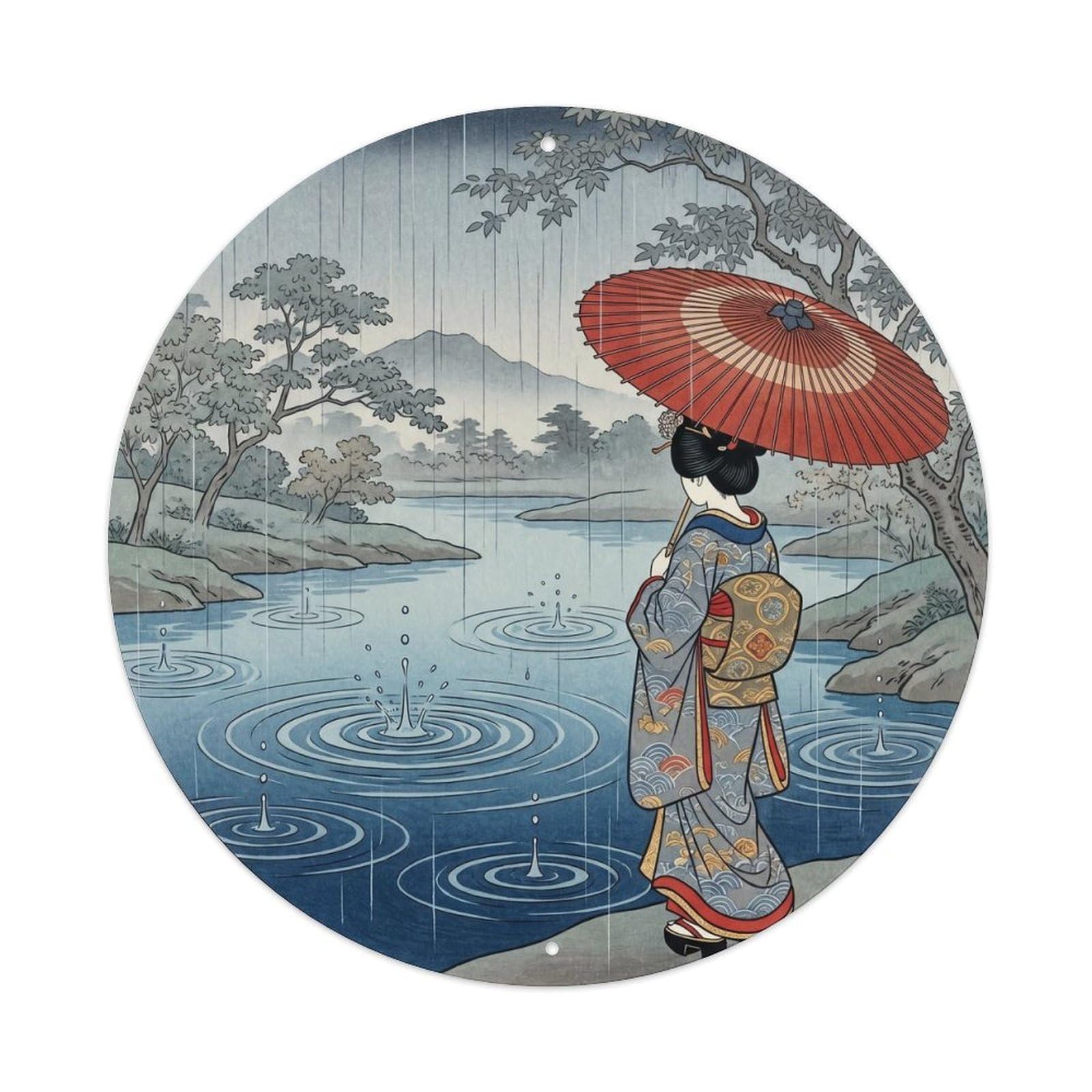 Galvaxio Style Japanese Kimono Woman Observing Raindrops Creating Ripples Metal Tin Sign