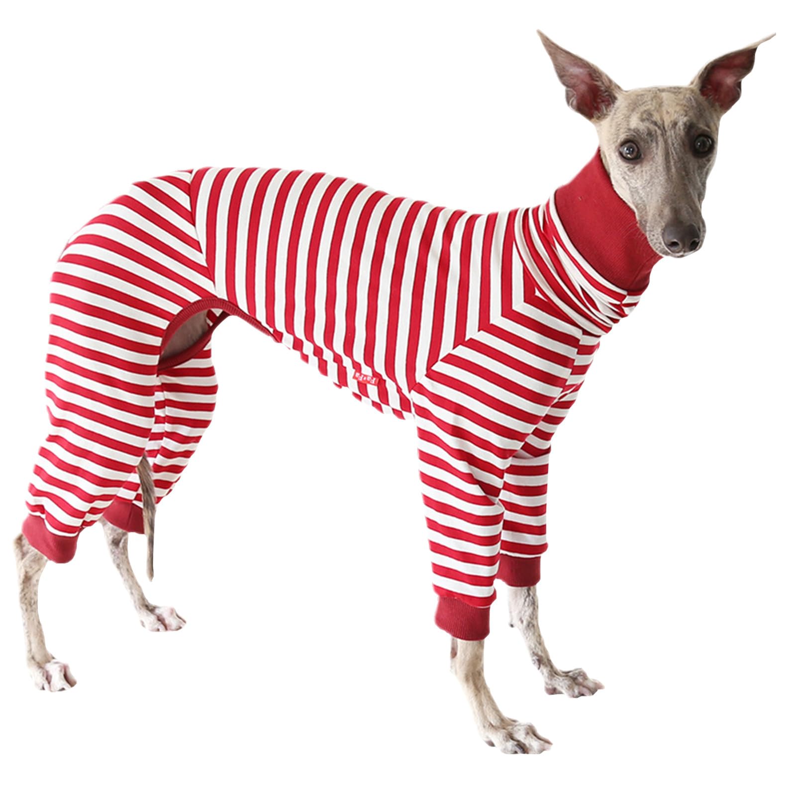 Greyhound Stripe Pajamas,Whippet Cottom Turtleneck Onesies Pullover,Slim Dog 4-Leg Loungewear Base-Layers for Greyhound Lurcher_XL(Red)