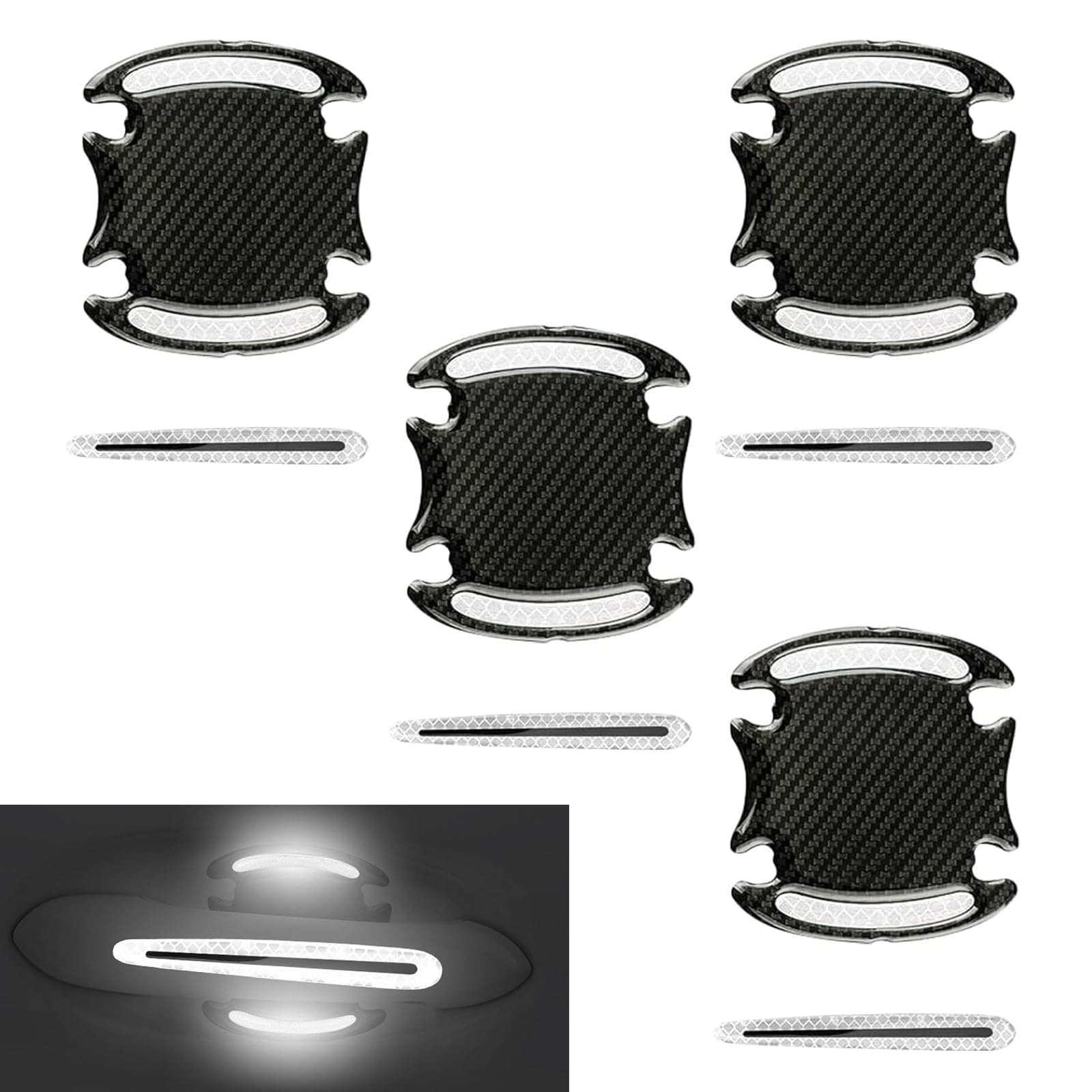 MLY 8PCS Car Door Handle Protector, Reflective Door Handle Bowl Protector, Impact and Scratch Resistant Carbon Fiber Soft Sticker, Universal Car