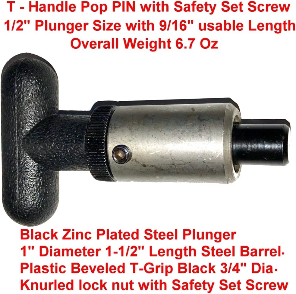 SBDs (Pack of 4) Pull Pin - 1" Diameter x 1-1/2" Length Weld-On Steel Barrel || 1/2" Dia Steel Spring-Loaded Zinc Plated Plunger || Plastic T-Handle 2-1/4" W x 3/4" Dia | Lock Nut w/Safety Set Screw.