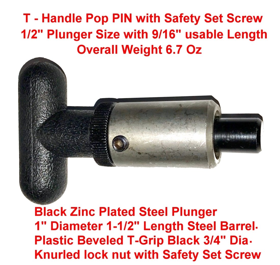 SBDs 'POP' Pull Pin | 1/2" Diameter Spring Loaded Plunger |1" Diameter x 1-1/2" Length Weld ON Steel Barrel | Hard Plastic T Handle Knob | Knurled Round Nut