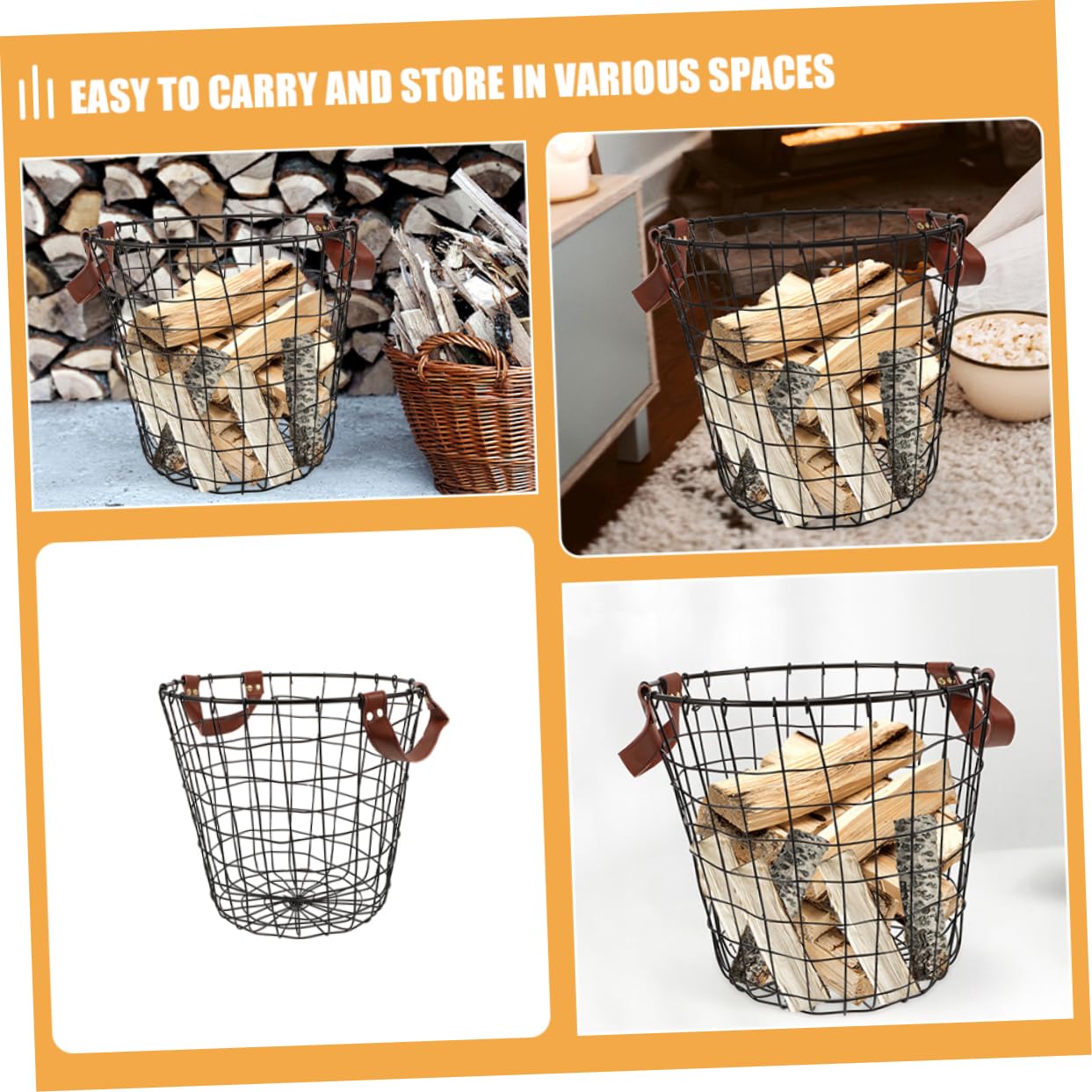 Cesta y Estructura Ventilada Rústica para Madera de Hierro Redonda con Gran Capacidad Adecuada para Camping y Uso en Interiores