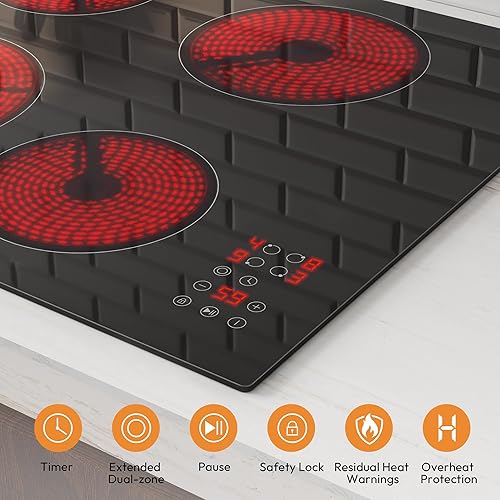 Miniatura 4 de Empava Cocina eléctrica de 24 pulgadas, 4 quemadores con zona de doble anillo, temporizador, bloqueo para niños, parar y continuar, vidrio cerámico