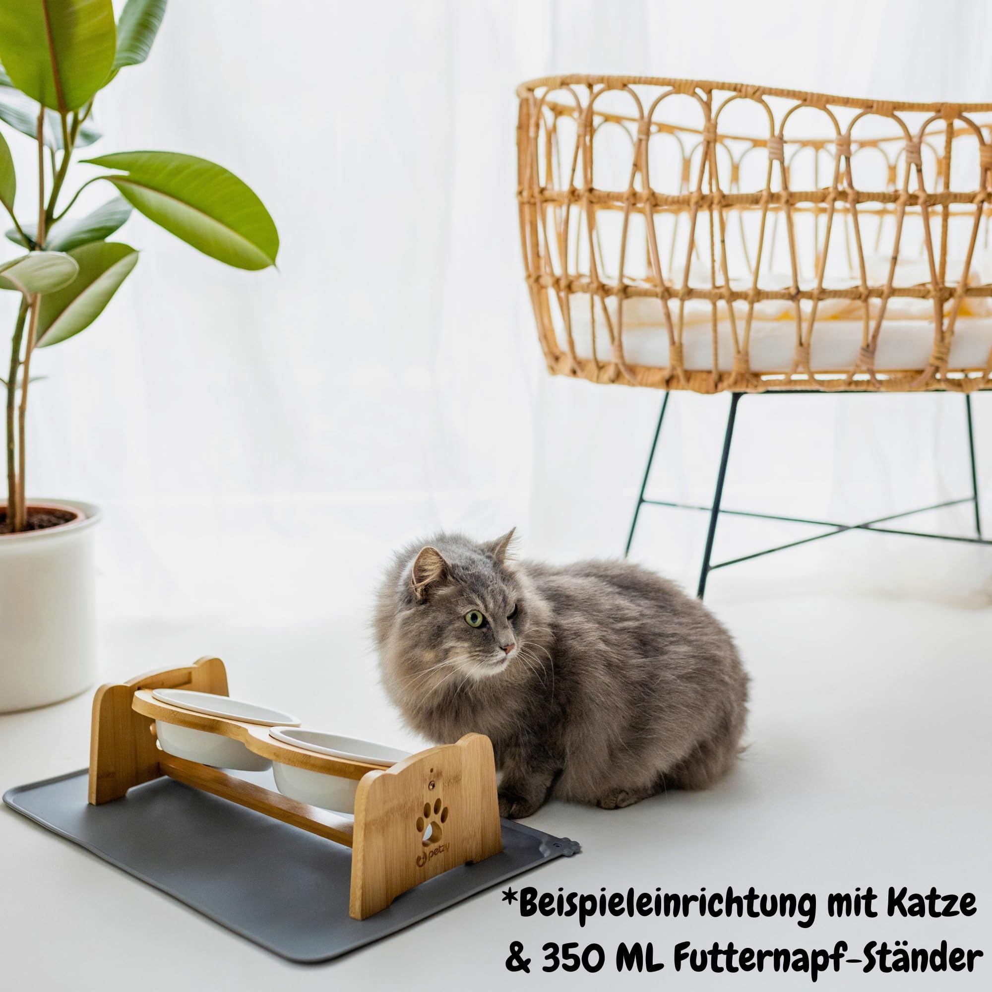 Petzy Premium Keramik-Hundenapf, höhenverstellbarer Katzennapf, 350 ml pro Napf. Ideal für kleine Hunde, mit Rutschfester Unterlage und Futternapf aus Bambus.
