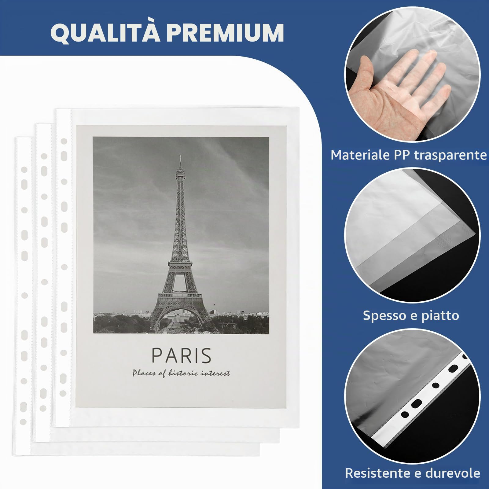 APACALI 400 buste trasparenti in formato A4, perforate da 0,05 mm, buste extra resistenti, apertura superiore, trasparenti, per raccoglitori A4