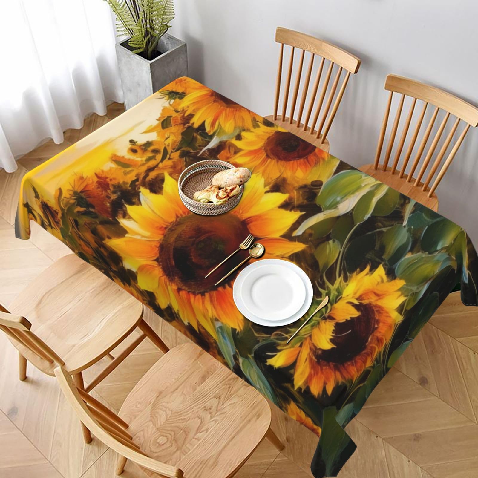 WPKJU Outdoor Sunflowers Printed Tablecloth 60x90 in Water Resistant Table Cover Washable Rectangle Table Cloth for Dining Tables