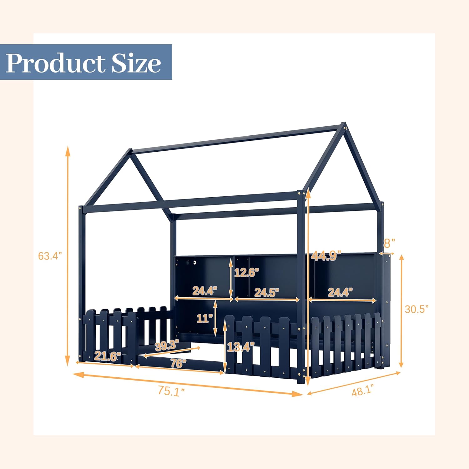 Twin House Bed for Kids with LED Light, Wood Kids Bed Frame with Storage Bookshelf, Montessori Floor Bed with Storage & Roof, Child Twin Frame with Guardrails for Boys and Girls, Navy Blue