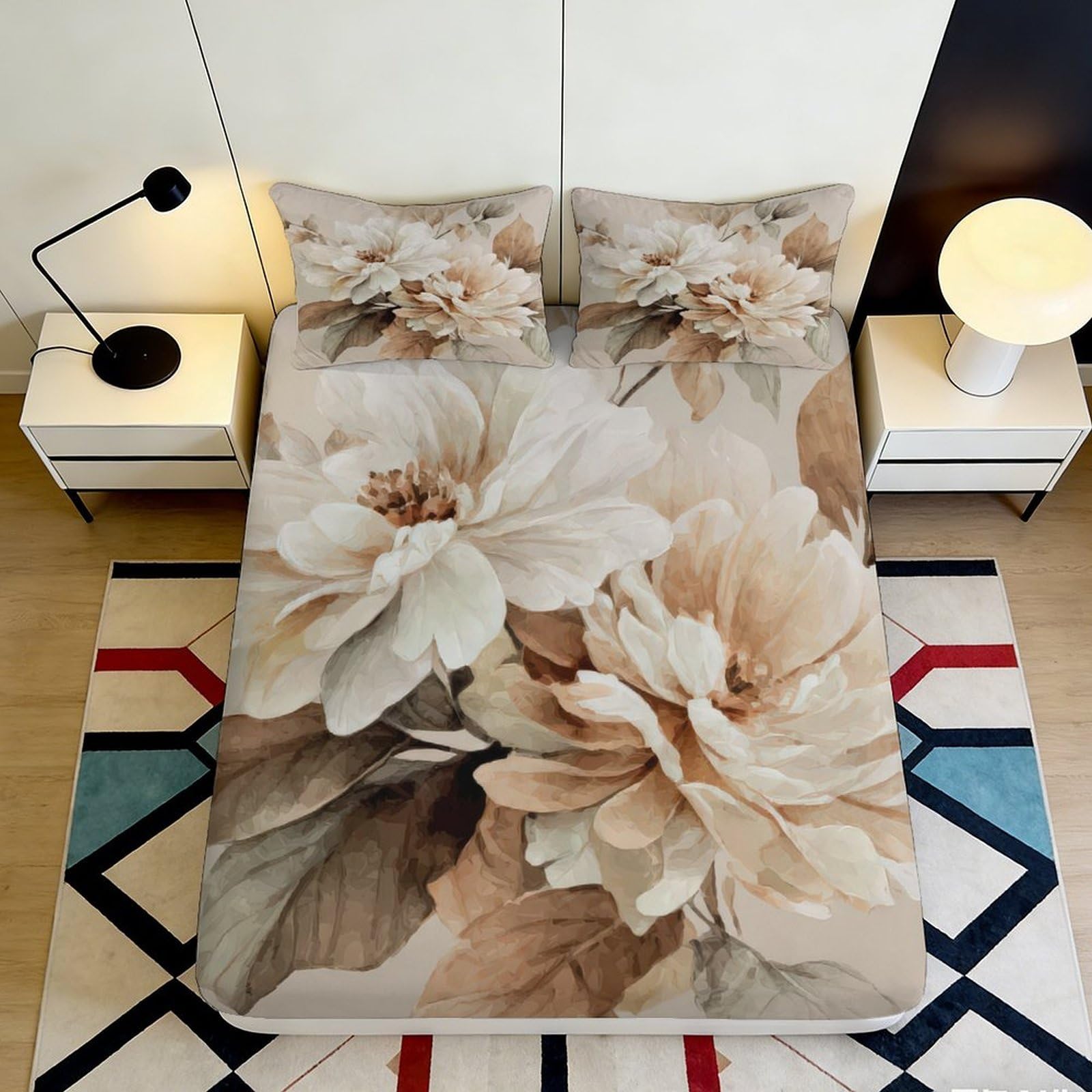Dhbaneiok Style-2 3D Printed Beige Peony Fitted Sheet Microfiber Soft Floral Mattress Cover Non-Slip Dustproof For Bedroom Guest Room Decor 90X200x25cm