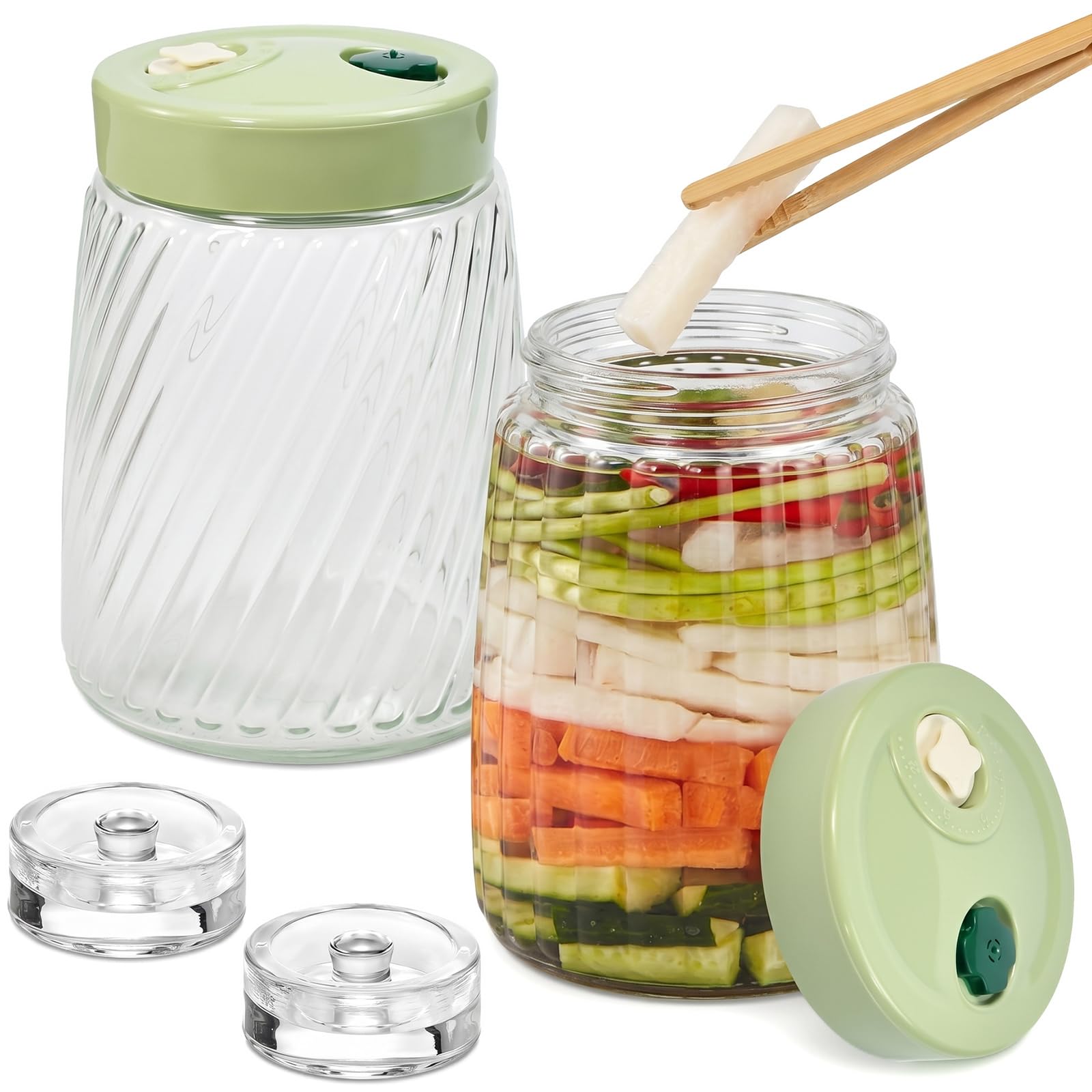 2 PCS Tarros de Fermentación de Cristal 1.4L con Doble Válvula de Aire, Pesos y Clips de Bambú, Fermentador de Kimchi, Chucrut y Kéfir, Tarro Hermético para Conservas, Frutos Secos y Miel