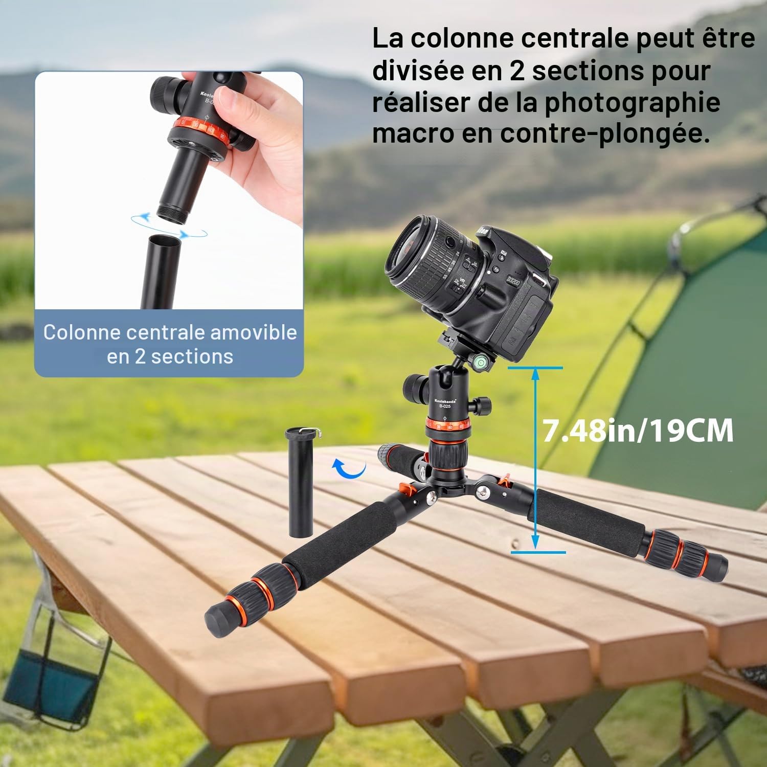 Koolehaoda 25"/ 63,5 cm Mini trépied d'appareil Photo Compact en Alliage d'aluminium, trépied de Voyage Portable avec rotule 360° pour caméscope DSLR, Charge jusqu'à 10 kg - (Orange)