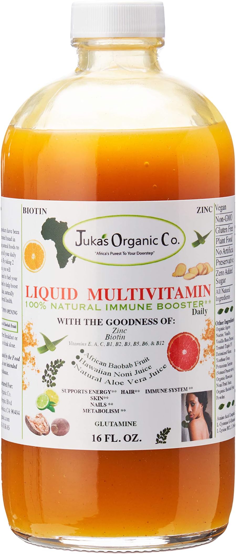 Liquid Multivitamin for Skin | Hair | Nails with Zinc | Biotin | Baobab | Vitamin A-E |Traced Minerals, Amino Acid | Boost Immune, Energy & Digestive System in Glass Bottles 16oz