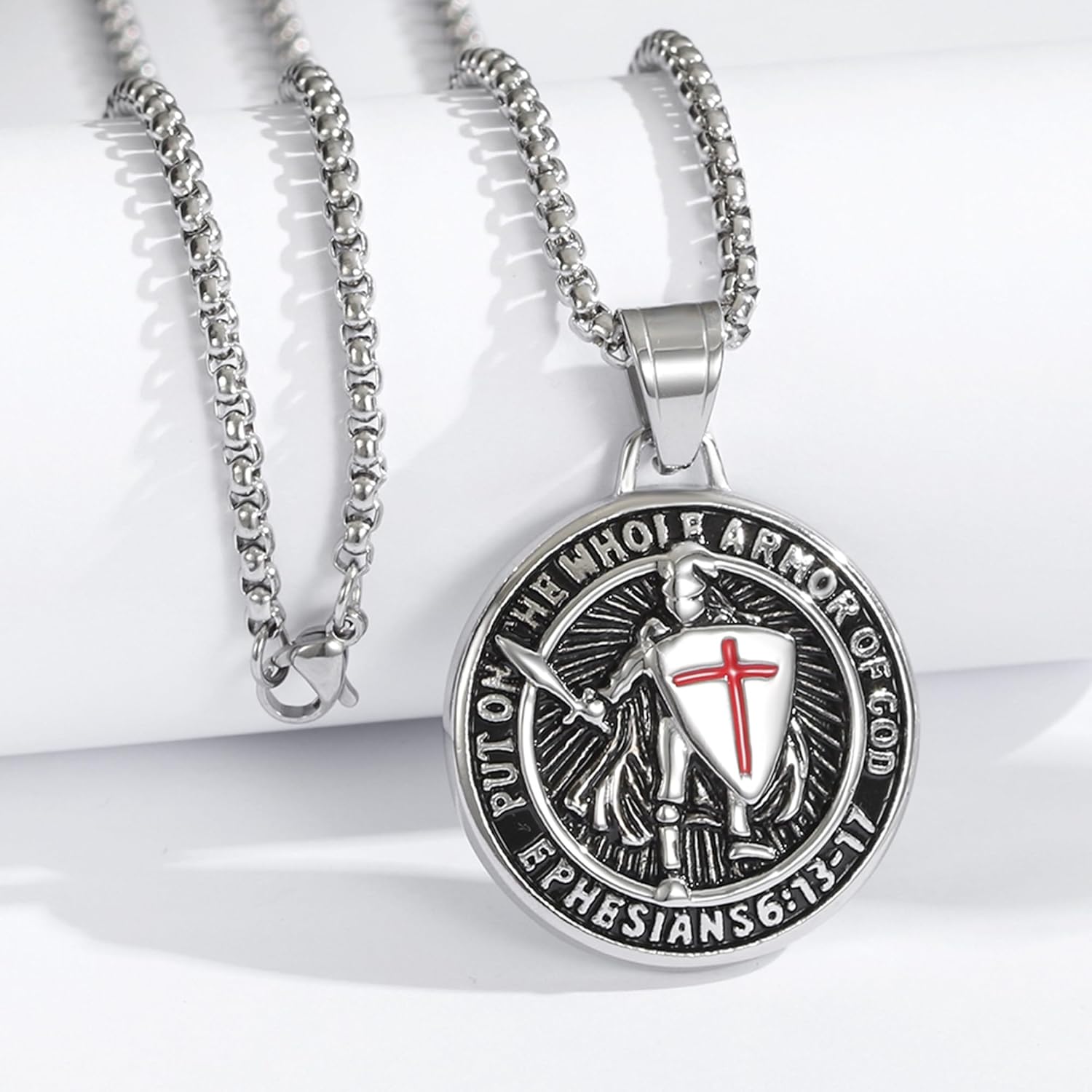 Armor of God Cross Pendant Necklace, Shield of Faith, Ephesians 6:16-17, Religious Amulet, Knights Templar Crusader, Stainless Steel 24" Chain - Image 2