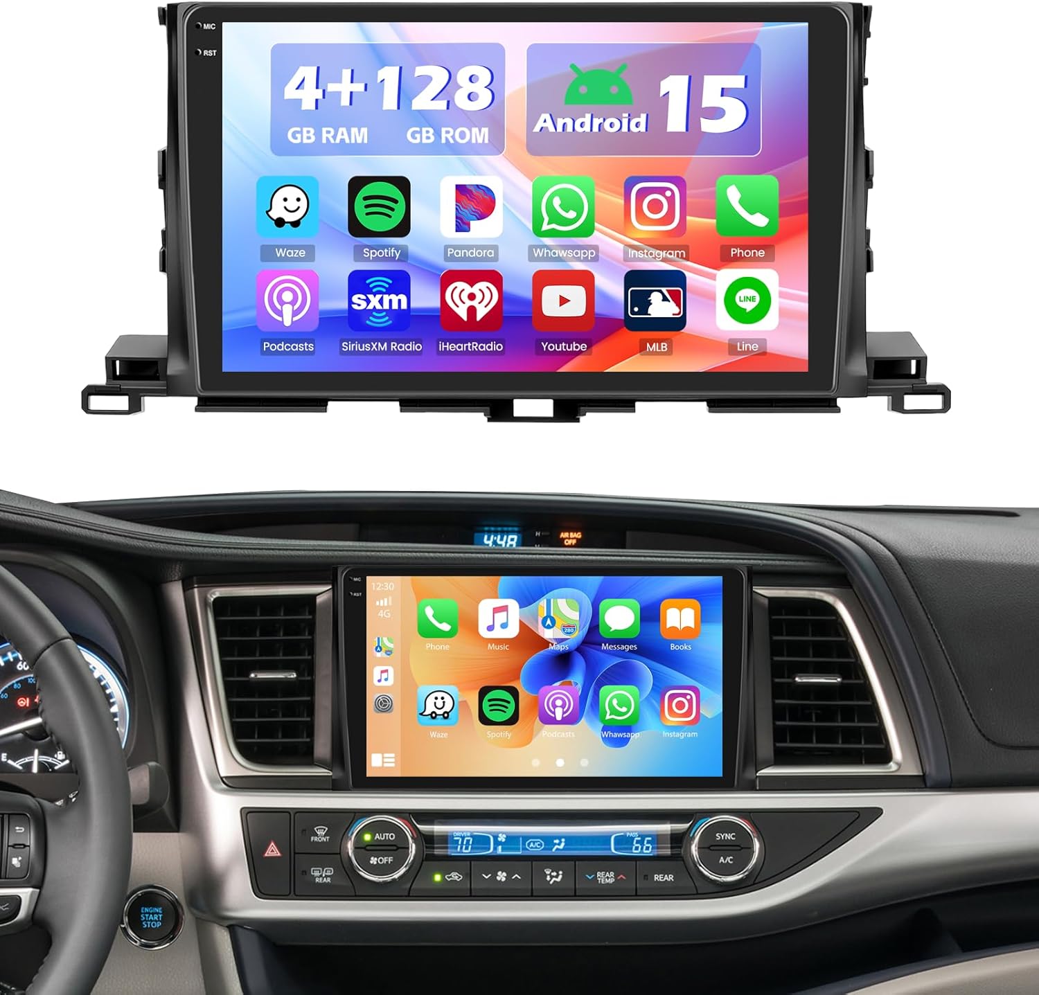 Hikity 【4+128G】 Android Car Stereo for Toyota Highlander 2014 2015 2016 2017 2018 2019, 10”Incell Touchscreen Radio CarPlay, Android Auto, Bluetooth, GPS Navigation, WiFi, FM, RDS + AHD Backup Camera