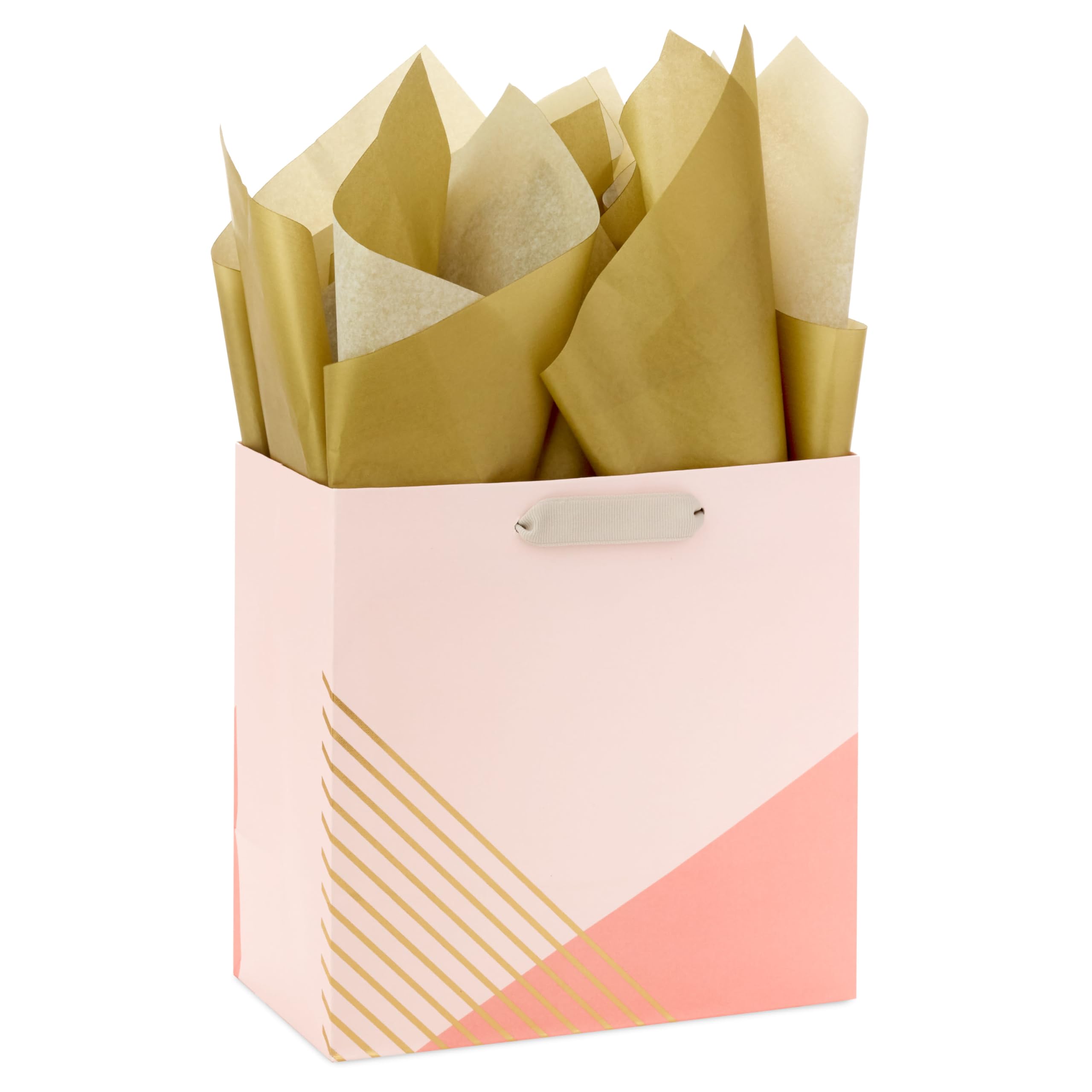 Hallmark Signature Studio 7" Medium Square Gift Bag with Tissue Paper (Coral, Blush Pink, Gold Stripes) for Valentine's Day, Birthdays, Mother's Day, Bridal Showers, Weddings, Baby Showers and More