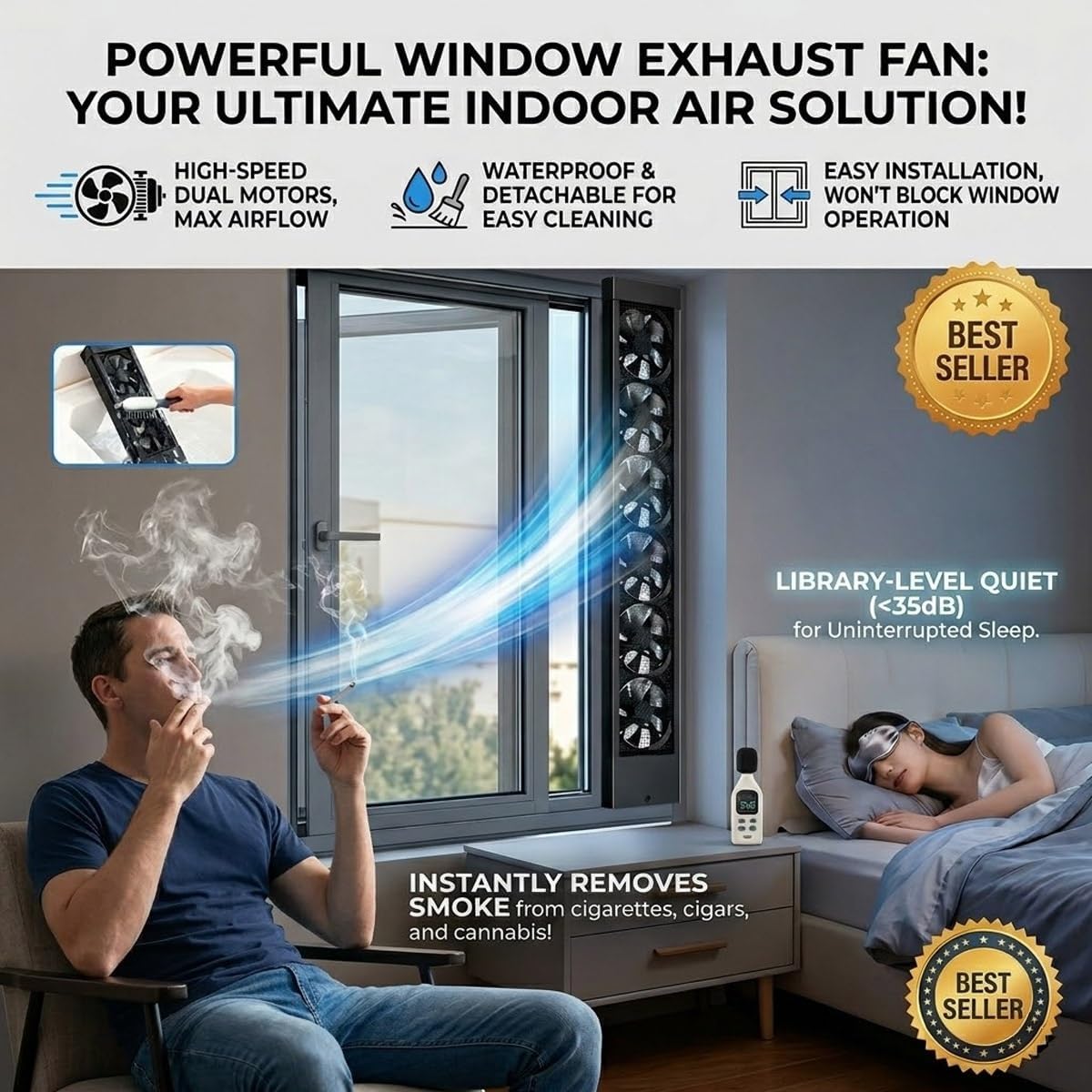 Vertical Window Exhaust Fan for Sliding Windows, Retractable Reversible Airflow Window Fan with Stepless Speed, No Drill Tool-Free Installation Fan for Bedroom Kitchen Attic Ventilation(33.5-35.4in)