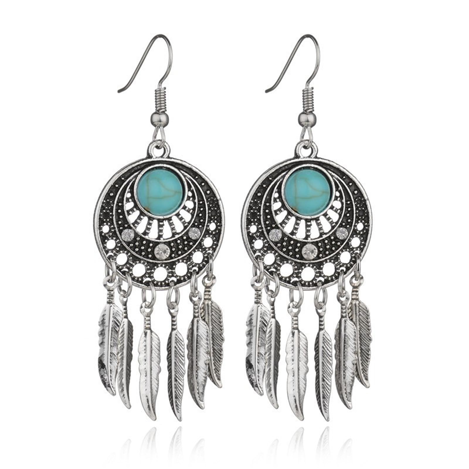 Blue Turquoise Dream Catcher Feather Earrings for Women Vintage Bohemian Western Jewelry Native American Indian Dream Catcher Feather Dangle Earrings
