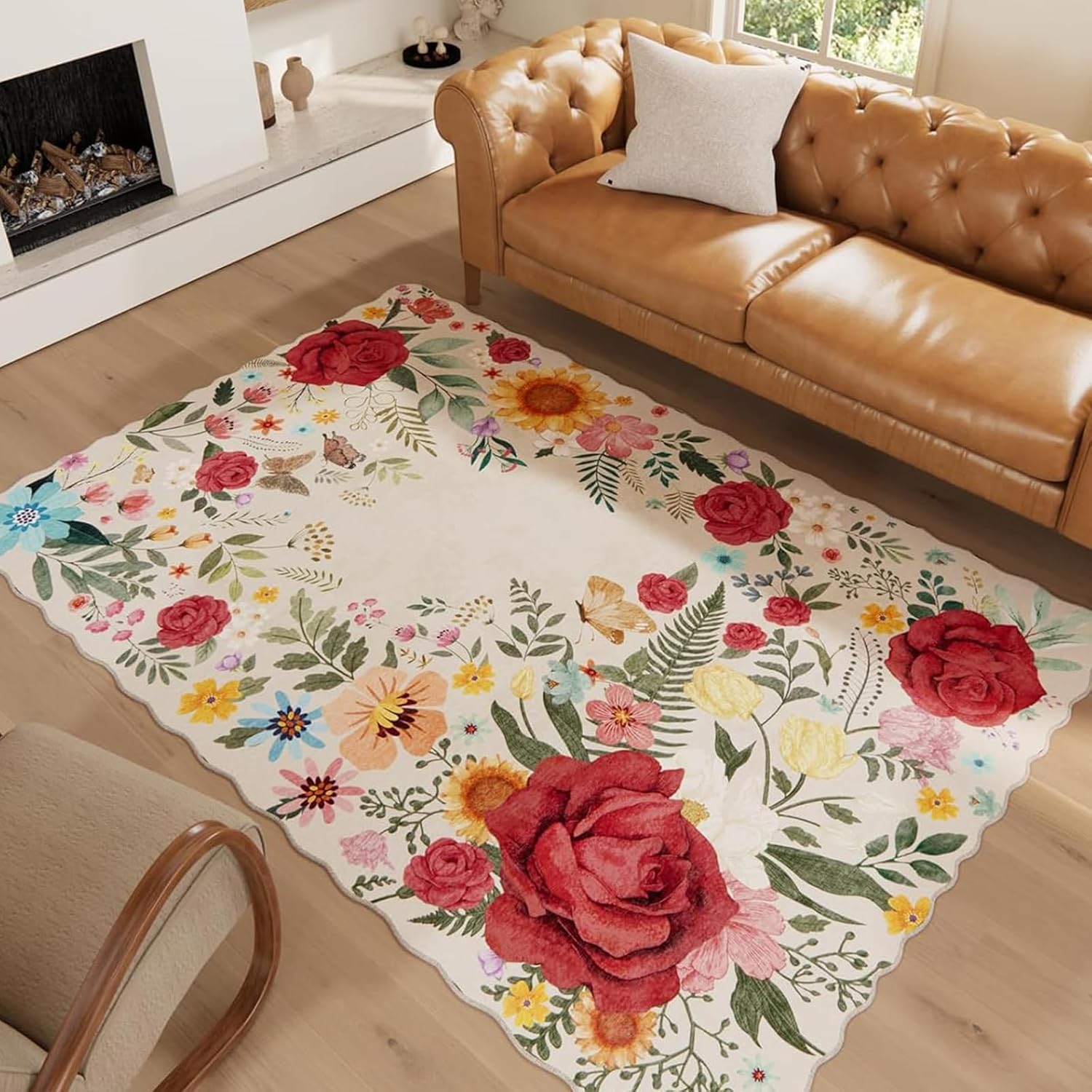 Washable Floral Area Rugs for Living Room, 5'x7' Beige Soft Non-Slip Bedroom Rug Stain Resistant Lightweight Boho Vintage Low-Pile Throw for Dining Room Office