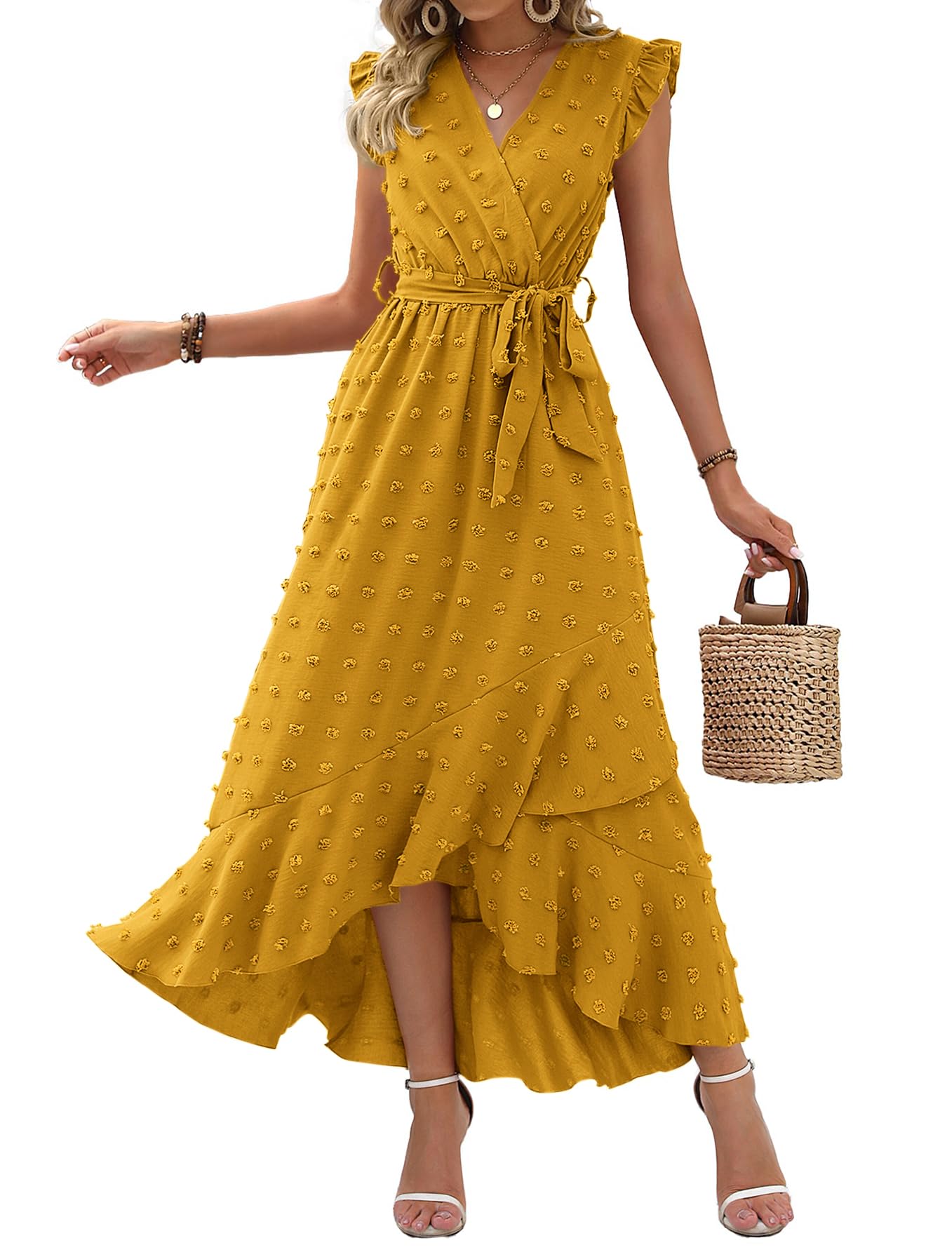 Boho Dresses for Women 2026 Spring Fashion Cap Sleeve Swiss Dot Flowy Ruffle Beach Wedding Cocktail Maxi Dress