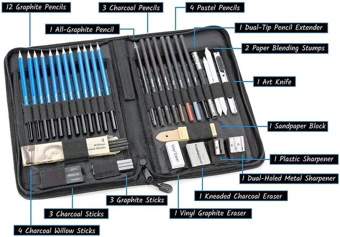 Drawing and Sketching Pencil Set in Zippered Carrying Case - The Essential Artist Supplies in a Compact, Protective, and Travel-Friendly 40-Piece Kit with Eraser, Pastels, Graphite and Charcoal Sticks