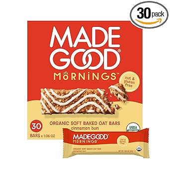 MadeGood Mornings Soft Baked Breakfast Bars, Cinnamon Bun 1.06 Oz (30 Count) Gluten Free Snacks