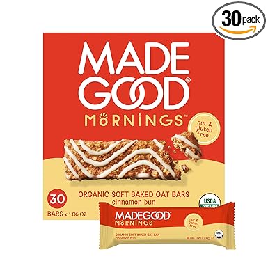 MadeGood Mornings Soft Baked Breakfast Bars, Cinnamon Bun 1.06 Oz (30 Count) Gluten Free Snacks
