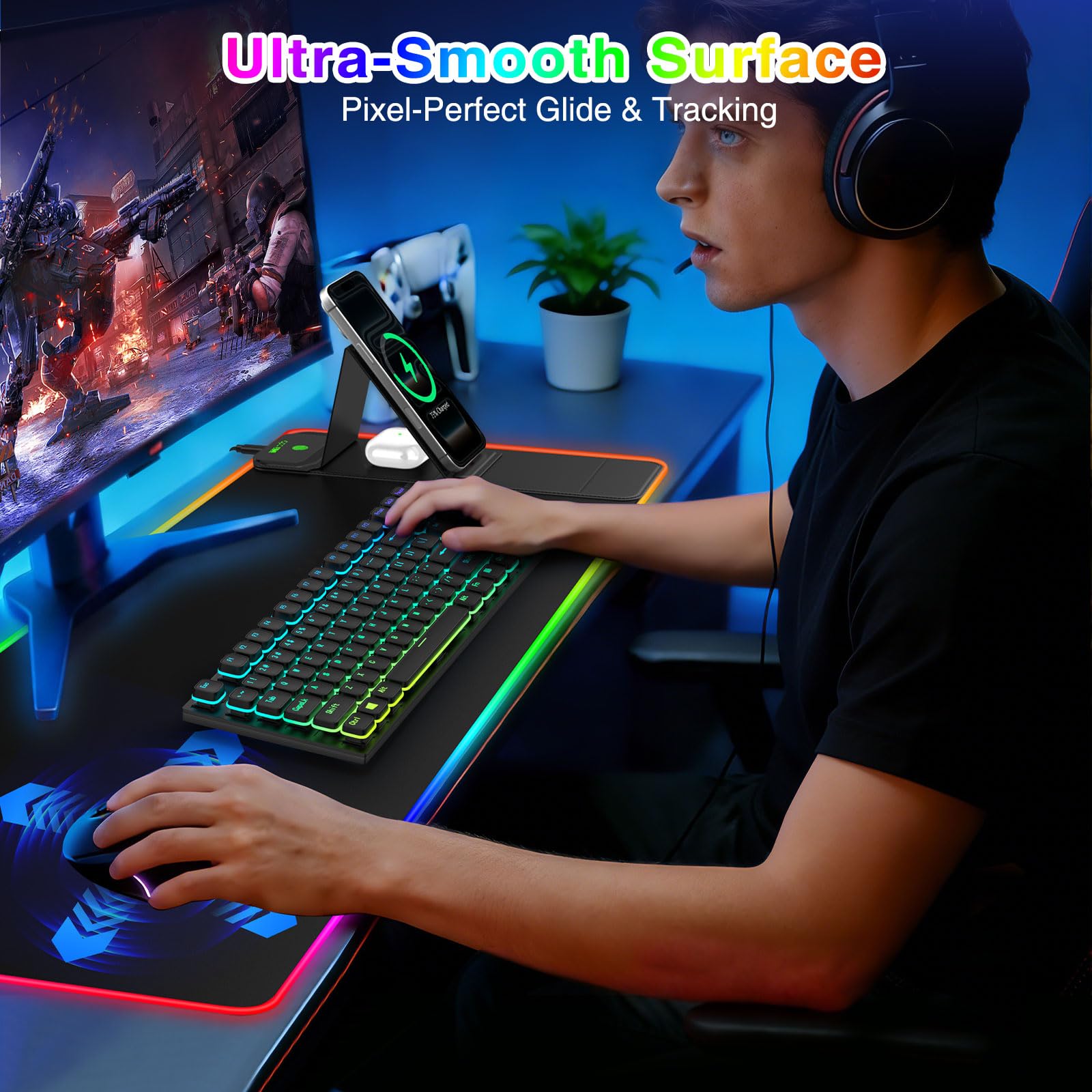 Tappetino per mouse da gioco XXL RGB LED con ricarica wireless magnetica e supporto pieghevole per telefono, 80 x 30 cm, tappetino da scrivania ultra liscio, 25 effetti di luce, base antiscivolo