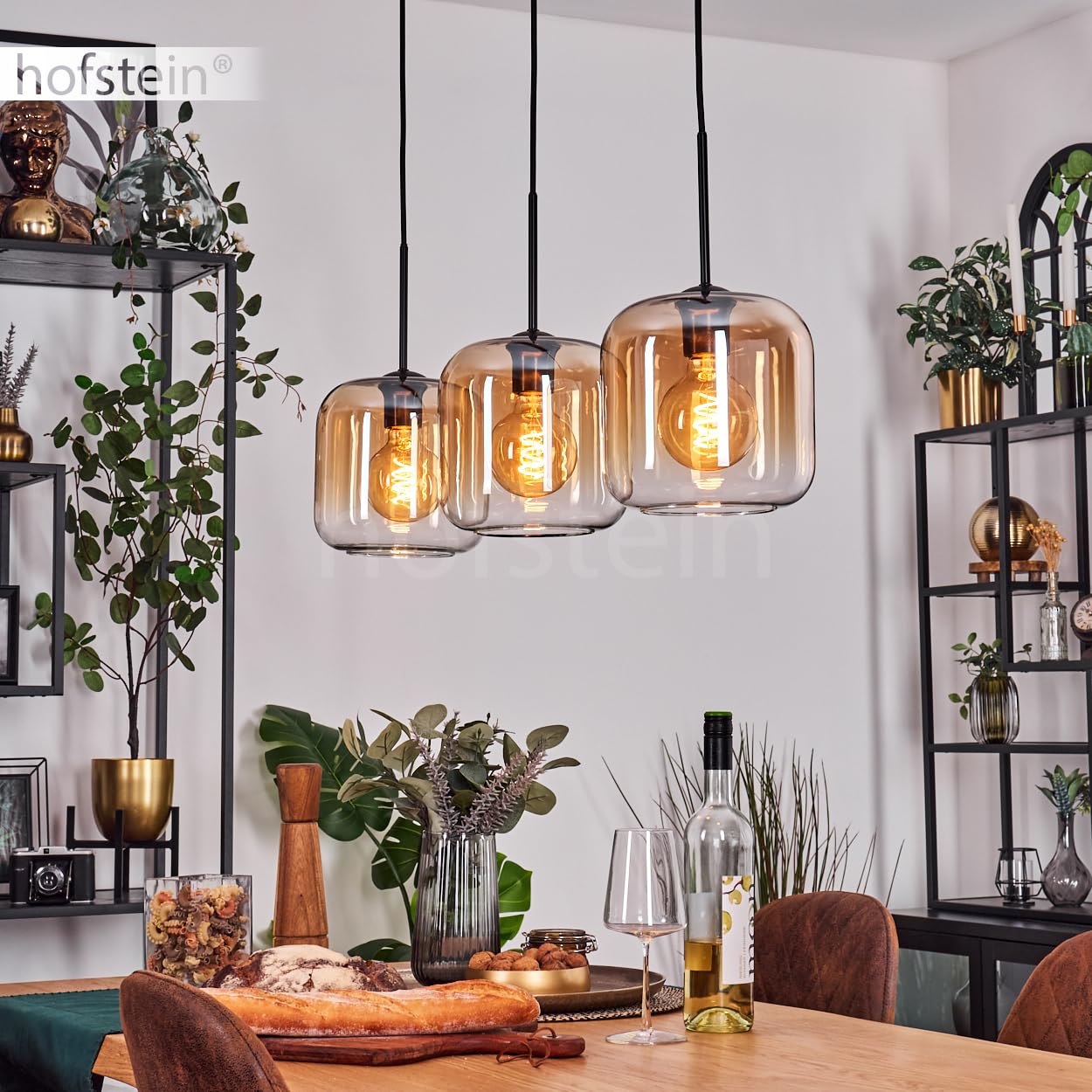 Pendelleuchte Lauden, Pendellampe aus Metall/Glas in Schwarz/Bernsteinfarben/Klar, Leuchte im modernen Retro/Vintage-Design mit Schirmen aus Glas (Ø 20 cm), Höhe max. 150 cm, 3x E27, ohne Leuchtmittel