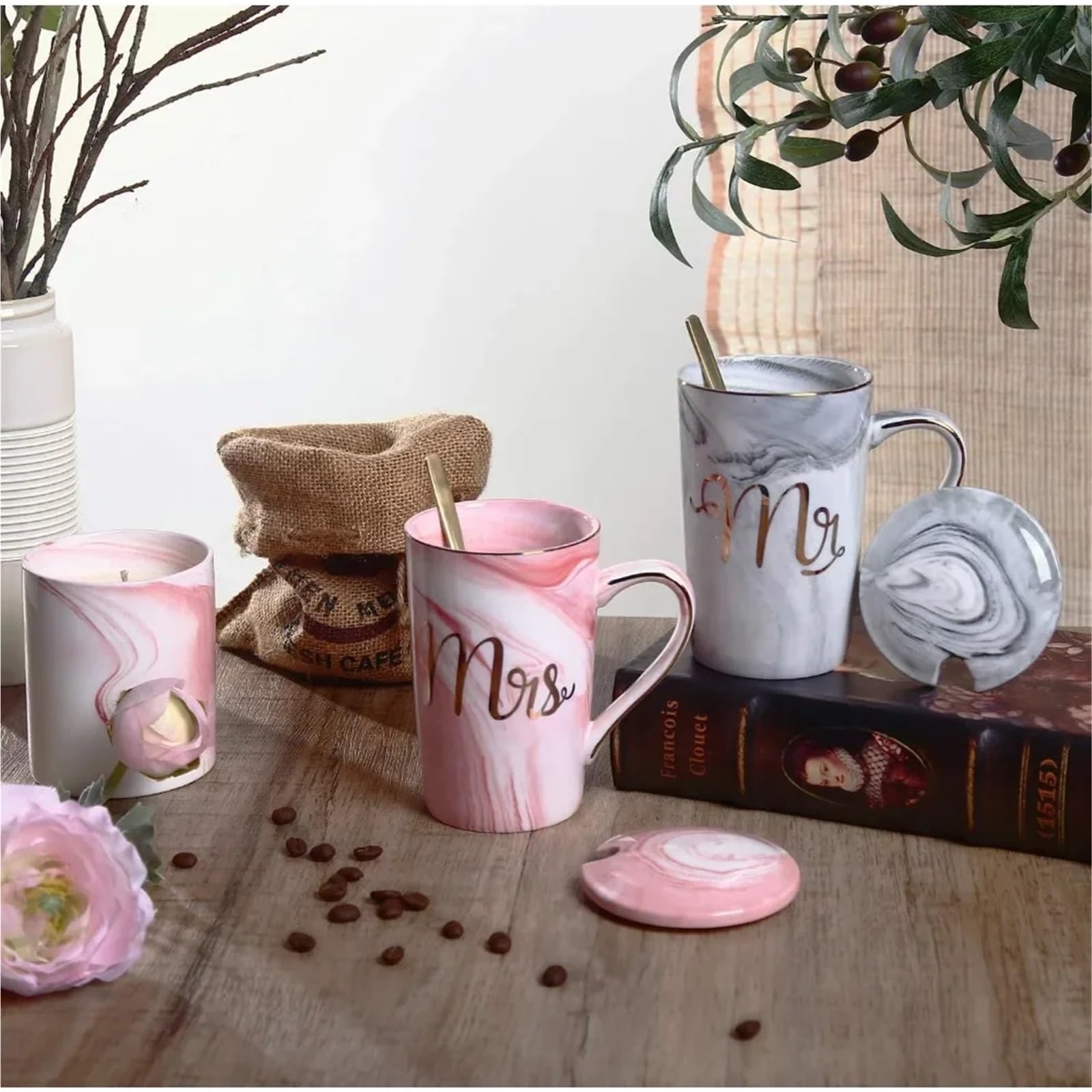 Taza de cerámica de mármol de 13,5 oz, juego de tazas de café Mr And Mrs for novia y novio, compromiso de aniversario de boda Para Boda(Pink Grey01)