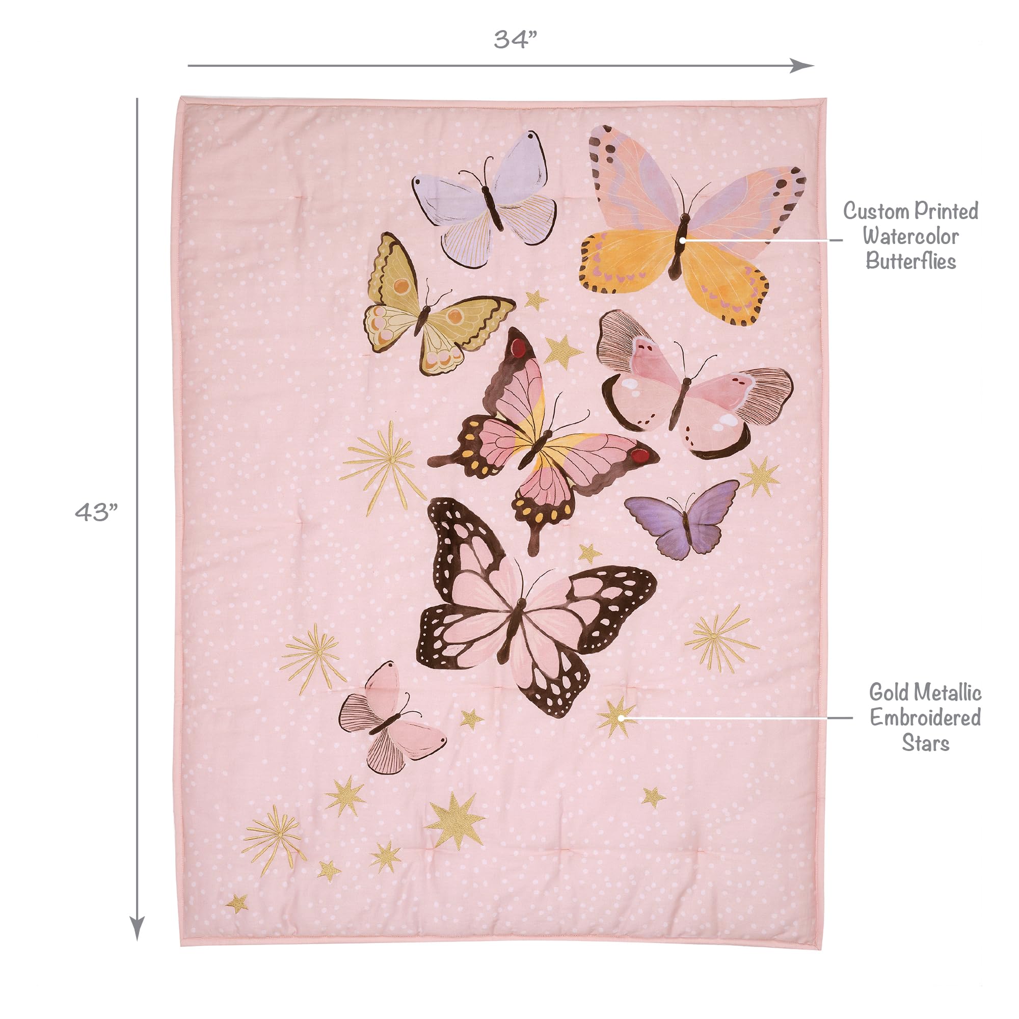 Lambs & Ivy Butterfly Dreams - Juego de ropa de cama de 3 piezas para cuna de bebé, color rosa y dorado