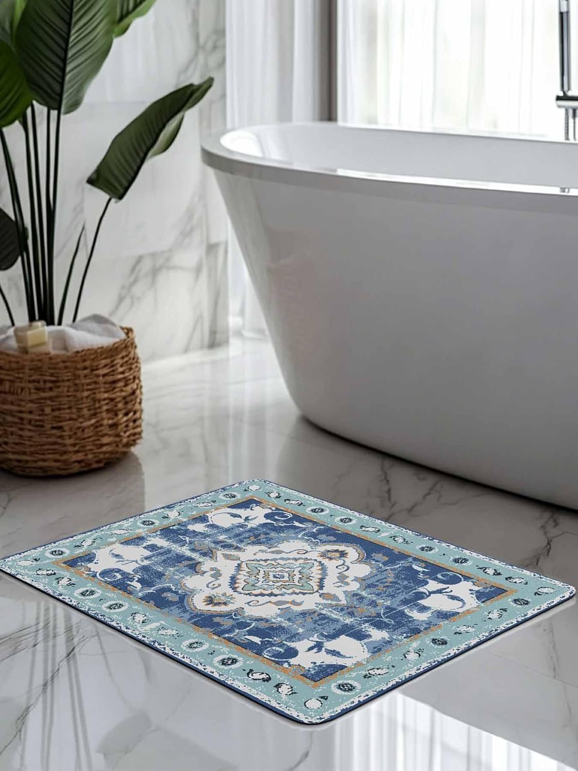 Bath Rugs Bathroom Rug,Monaco Retro Pattern Navy Absorbent Diatomaceous Earth Bath Mat Quick Drying Non-Slip Washable Shower Mat,Boho Style Geometric Art Light Blue Doormat for Bathtub Kitchen