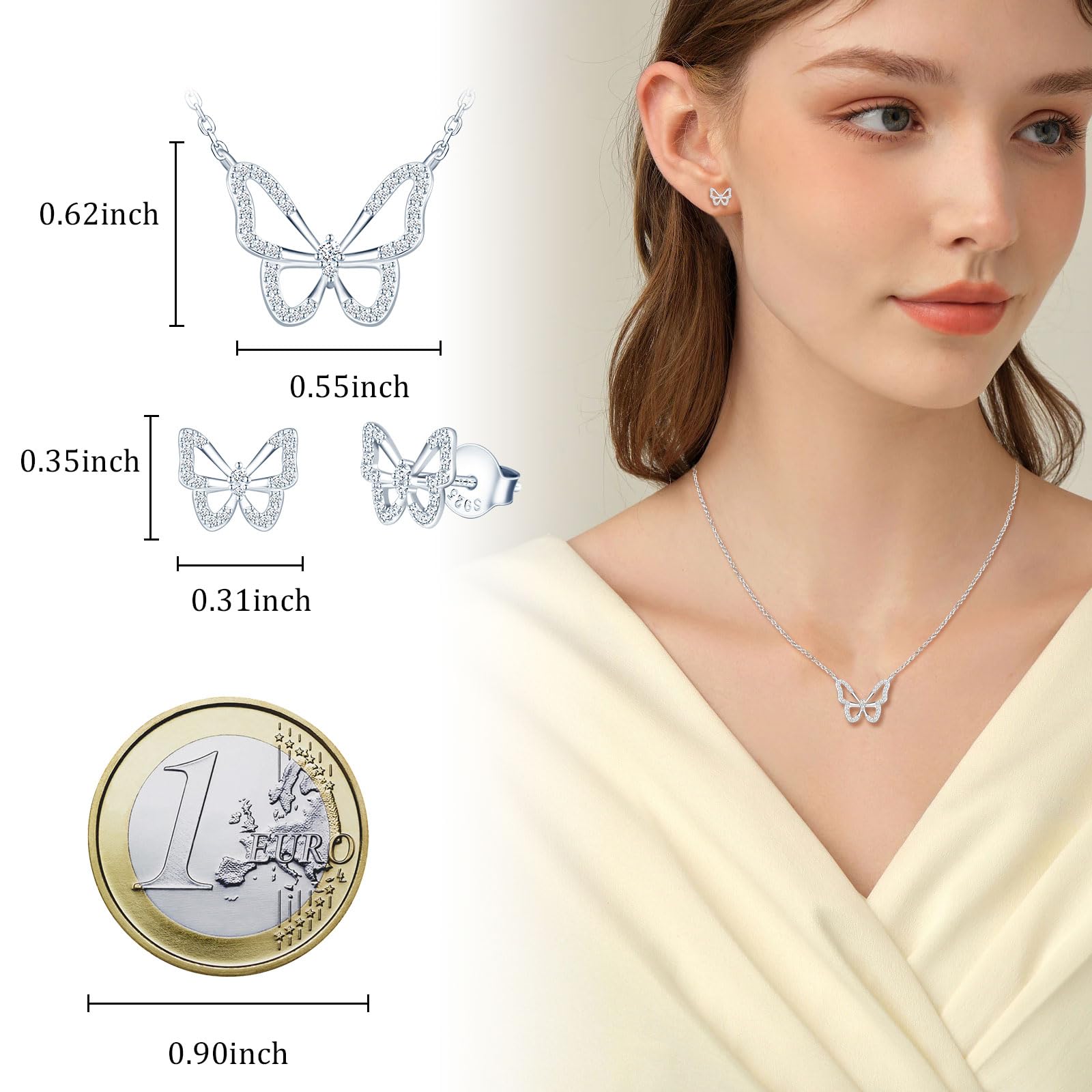 Mariposa Juego de Joyas de Plata Conjunto Collar y Pendientes Mariposa con Circonita - Forma de Mariposa Aretes & Collar con Colgante Regalos para Mujer Niña Esposa Amante Novia Madre