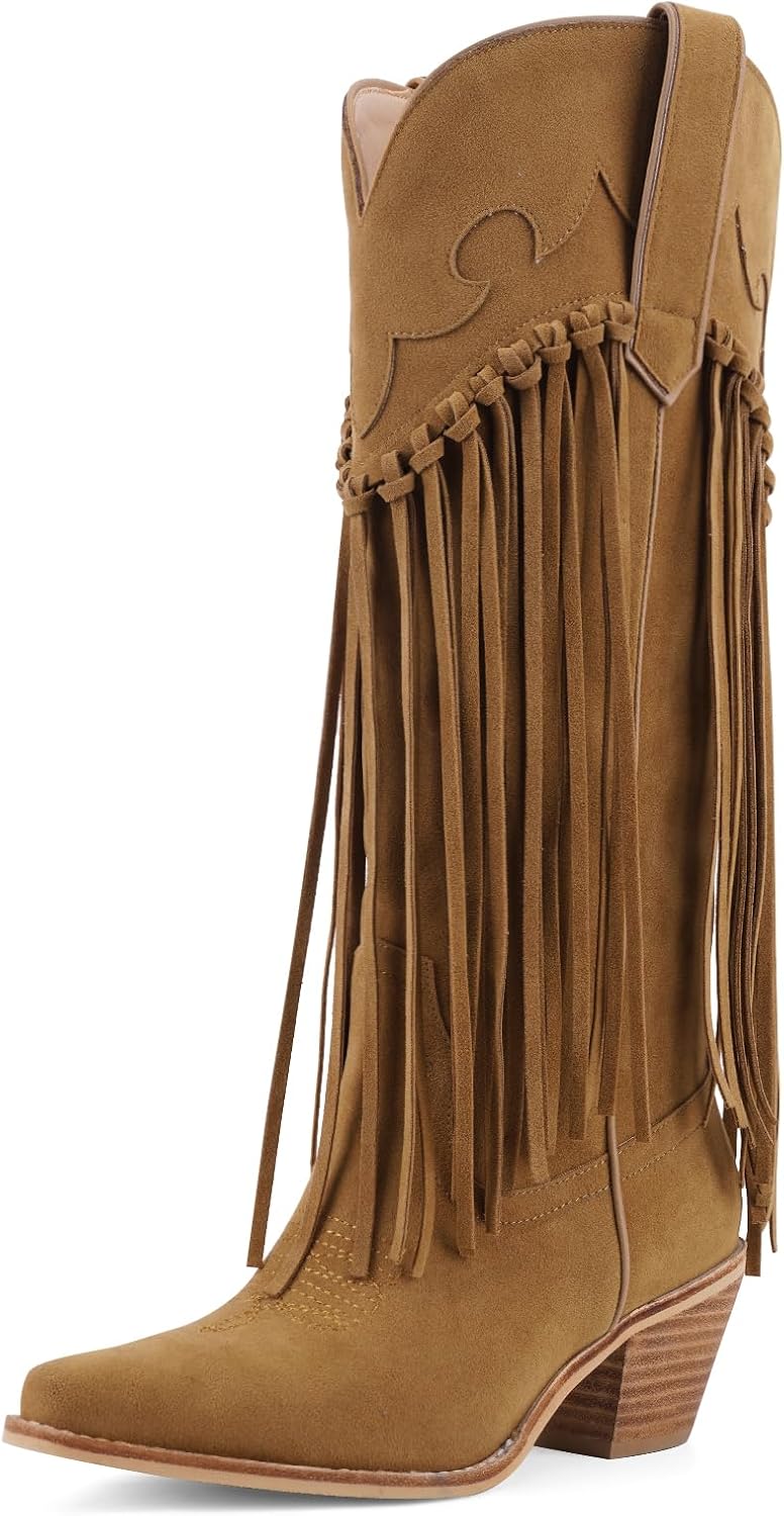 Fringe Knee High Cowgirl Boots for Women Embroidered Pointed Toe Chunky Block Heel Cowboy Western Tassel Boot - Image 9