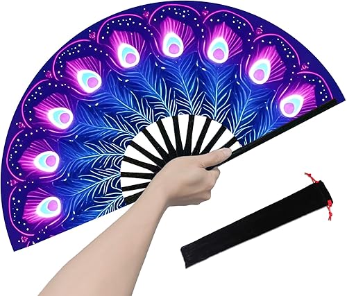 Miniatura 14 de Abanico rave, ventilador de mano plegable grande para mujeres y hombres, ventiladores para baile de línea para raves, EDM, fiesta de baile y