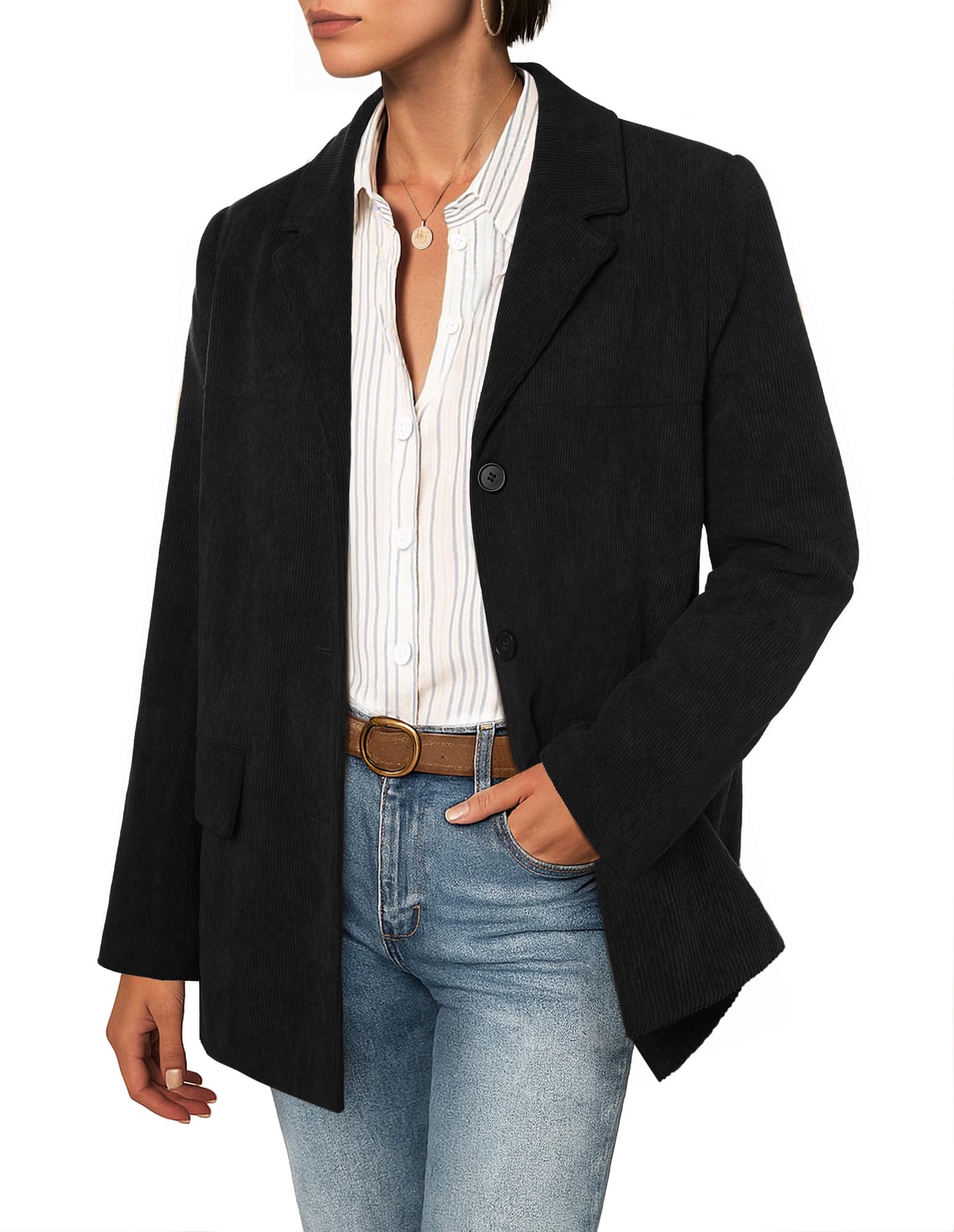 Belle Poque Blazer d'hiver en velours côtelé à manches longues avec revers cranté pour femme, idéal pour le travail, le bureau