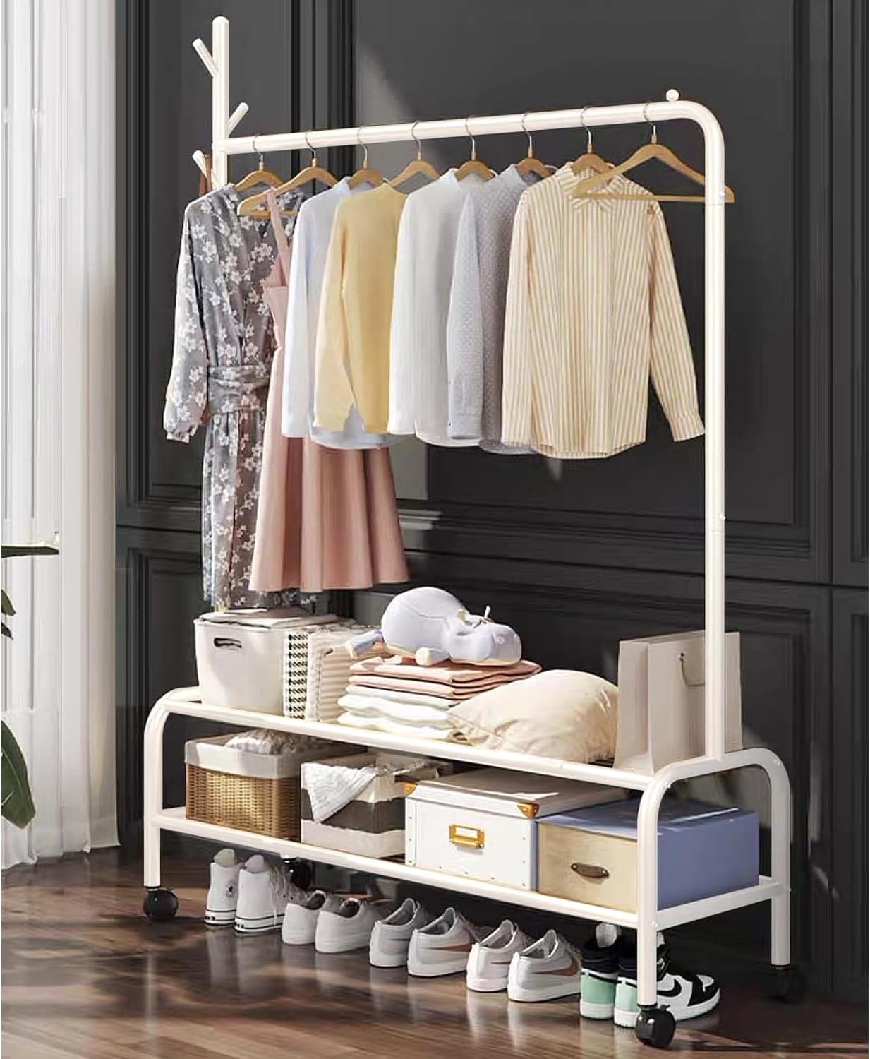 Lukzer | MGR-008 | White | Metal Garment Rack with Wheels & 2 Bottom Shelves – Freestanding Clothes Stand & Storage Organizer for Bedroom, Living Room, Shop Display & More | 173 x 110 x 34 cm