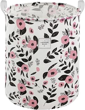 Mziart Cute Laundry Basket, Large Floral Laundry Hamper for Girls Kids Toys Collapsible Clothes Organizer Waterproof Foldable Baby Hamper for Nursery Dorm Fabric Storage Basket Bin with Handles Pink
