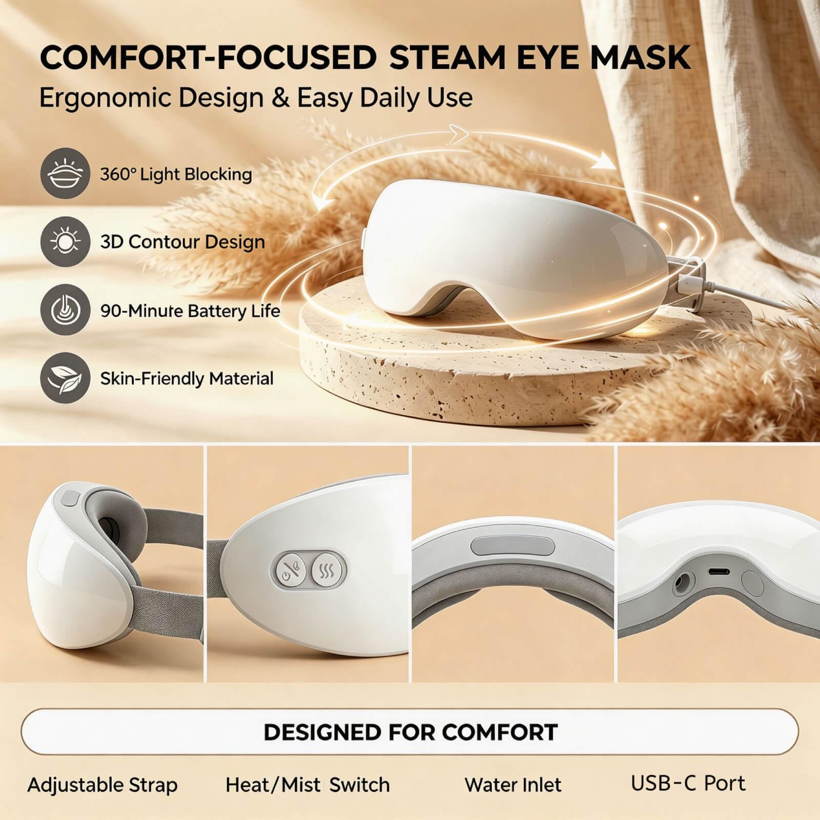 Massaggiatore Occhi a Vapore, Maschera Occhi Riscaldante con Micro-Nebbia, 2 Temperature 40°C 42°C, Design 3D 360° Contorno Occhi, Timer 10 Min, USB Ricaricabile, per Casa Ufficio Viaggio