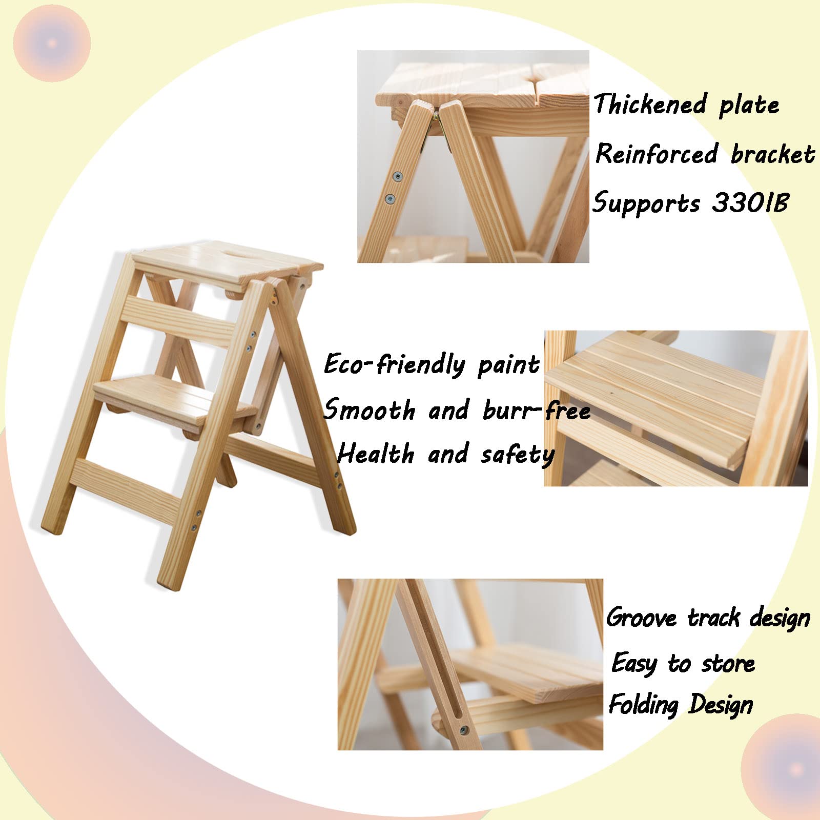 Tabouret d'étape pour enfants tabouret d'échelle en bois massif pliant multifonctionnel Portable 2 Stepladder pour le bureau de garde-manger de la cuisine à la maison avec couverture de pied antidér