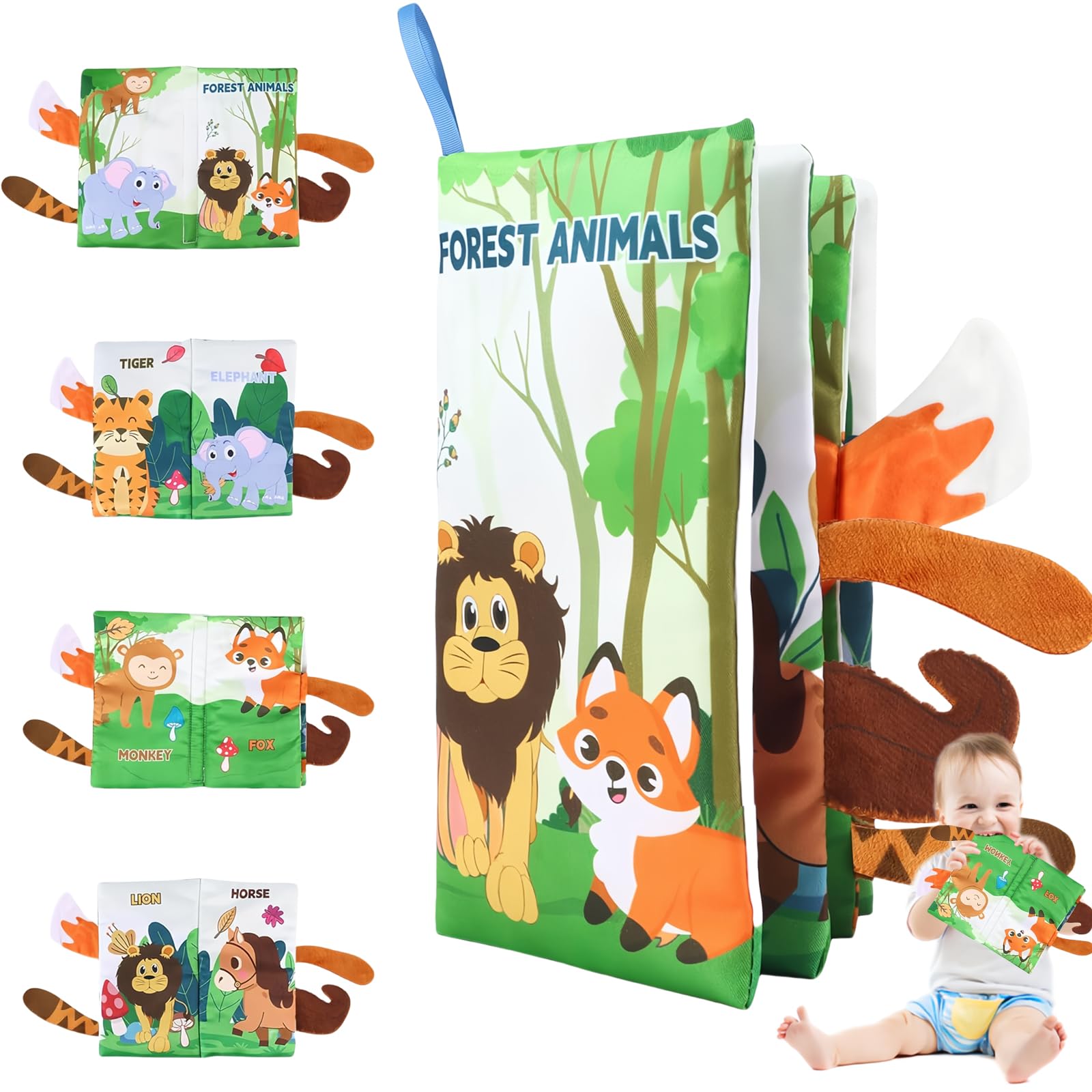JAONLD Baby Book Cloth Toys Jungle Tails Sensory Book Soft Fabric Crinkle Pram Early Development Interactive Newborn Gifts for 0 3 6 12 Months Boys Girls