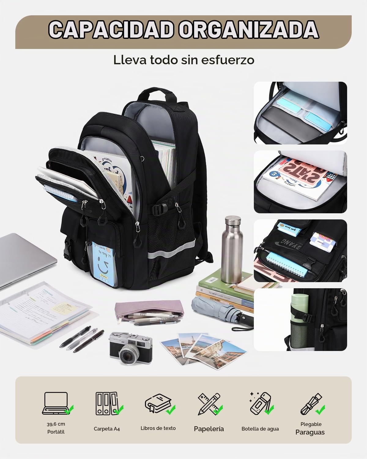 Amythe Mochilas Escolares para Niños Adolescentes, Mochila Instituto Ergonomica para Chico 10-22 Años, Mochila Niño Grande Impermeable Ligera, Colegio Viajes Vuelta al Cole, Negro
