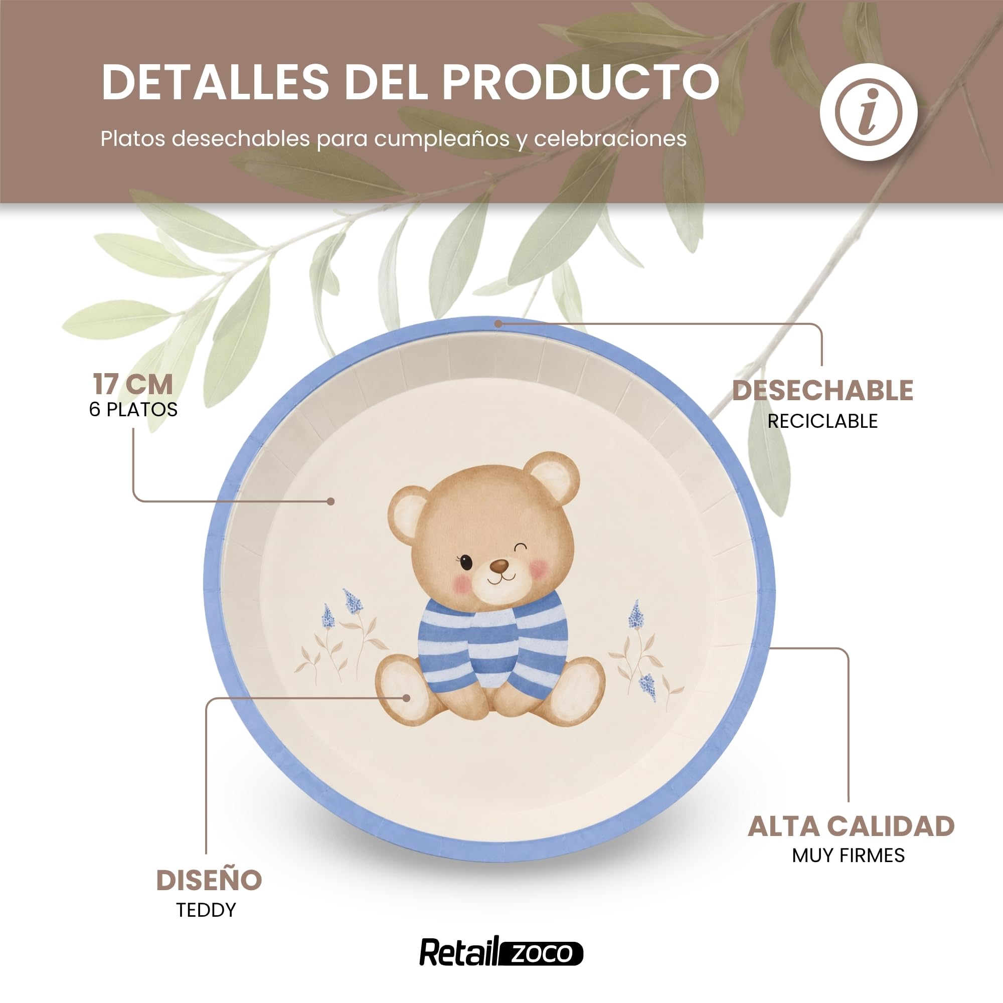 Platos de cartón, Platos Desechables cartón, Diseño Oso Azul, 6 Unidades - imagen 2