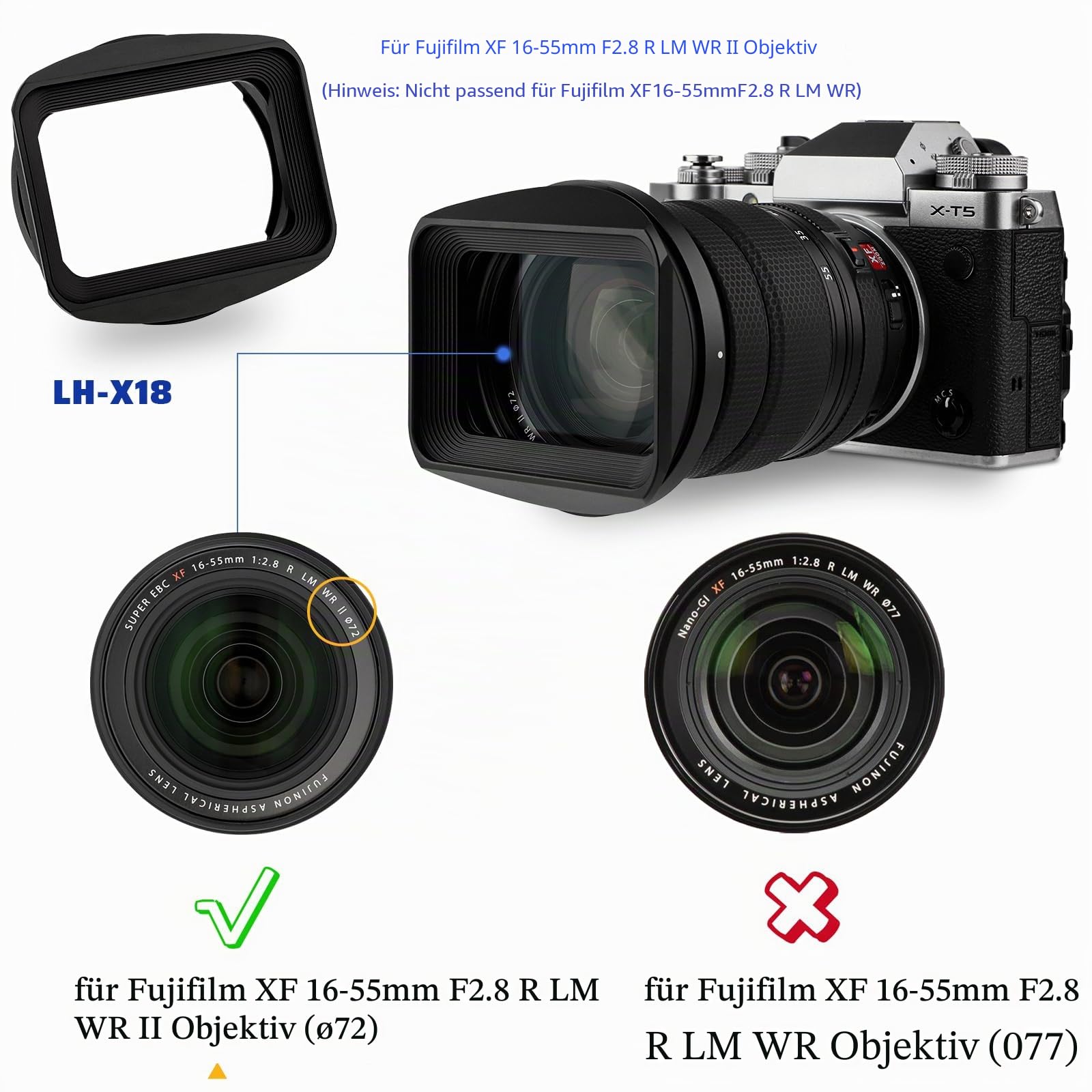 Haoge LH-X18 Bajonett-Gegenlichtblende aus Metall, quadratisch, mit Kappe für Fujifilm XF16-55 II, Fuji Fujinon XF 16-80mm F4 R OIS WR Objektiv