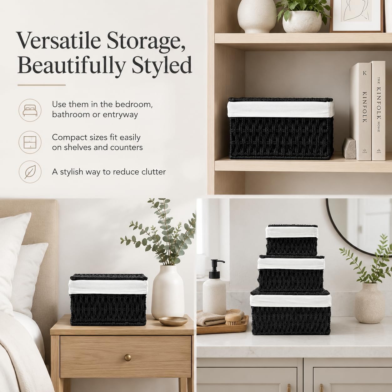 Storage Baskets with Lids Set of 3, Nesting Woven Wicker Baskets, Decorative Lidded Baskets for Shelves, Bedroom, Bathroom, Closet, Gift Set – Black