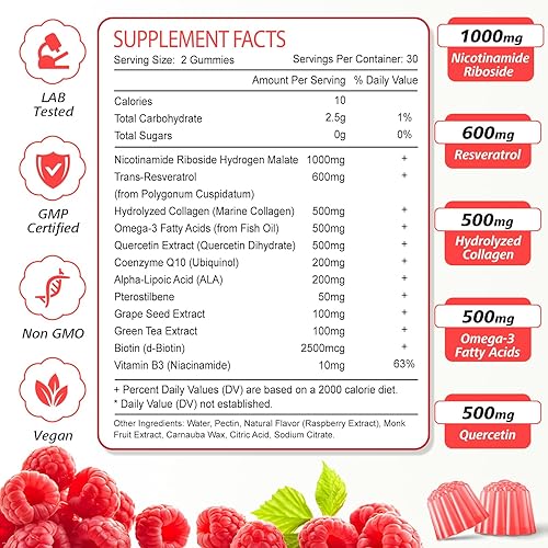 Miniatura 7 de Gomitas NAD+, suplementos NAD 12 en 1 para mujeres y hombres, NAD+ con ribósido de nicotinamida, resveratrol, quercetina para antienvejecimiento,