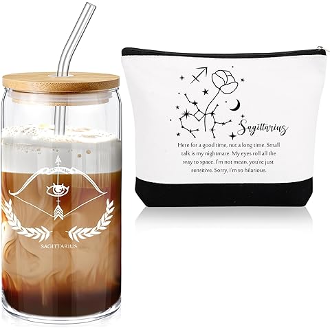 Sliner 2 Set Christmas Zodiac Gift for Women 16 oz Celestial Zodiac Signs Glass Cup with Lids Straws Horoscope Flower Sign Make up Bag 12 Constellations Thanksgiving Gift for Men Birthday(Sagittarius)